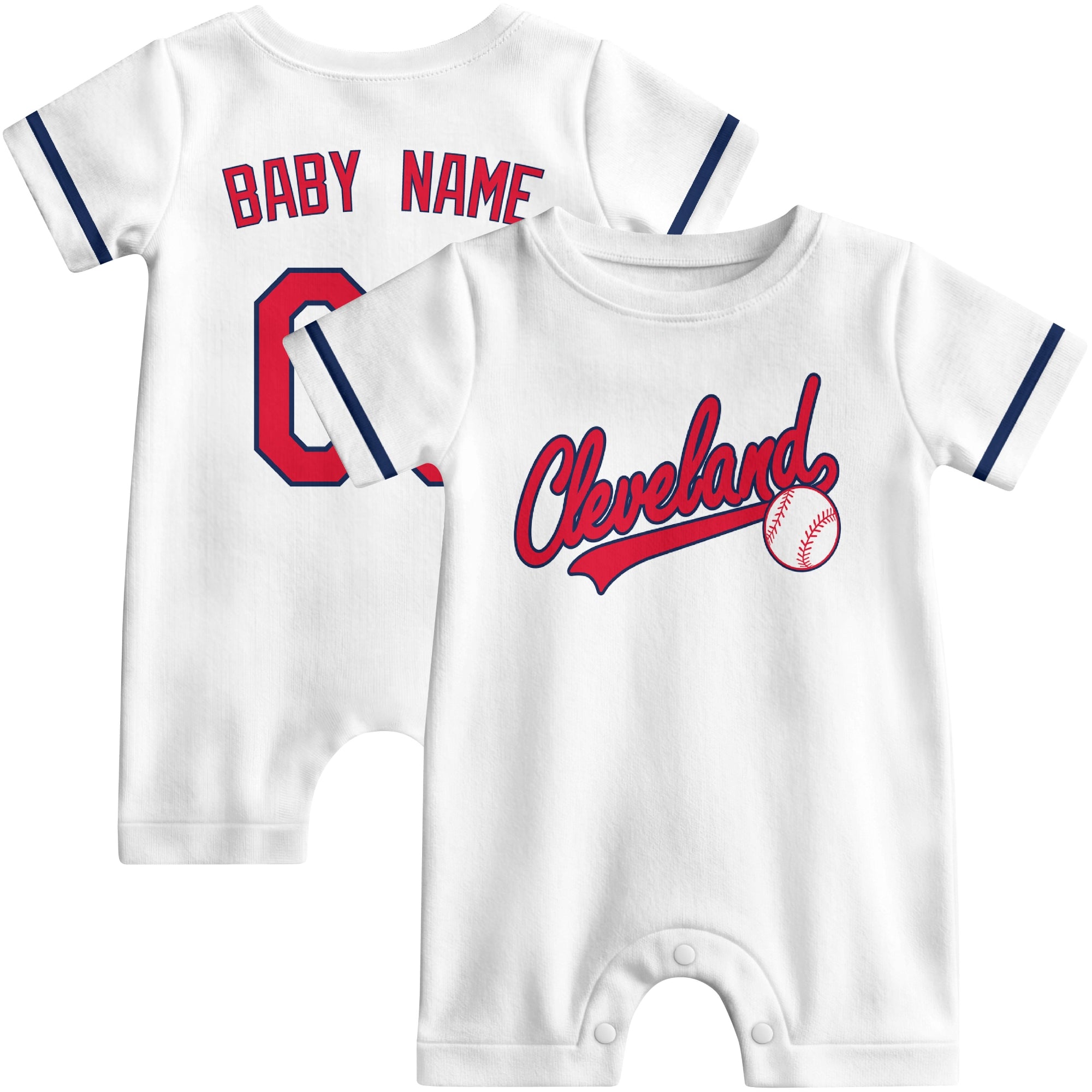 Front and back view of red custom baseball-style baby romper