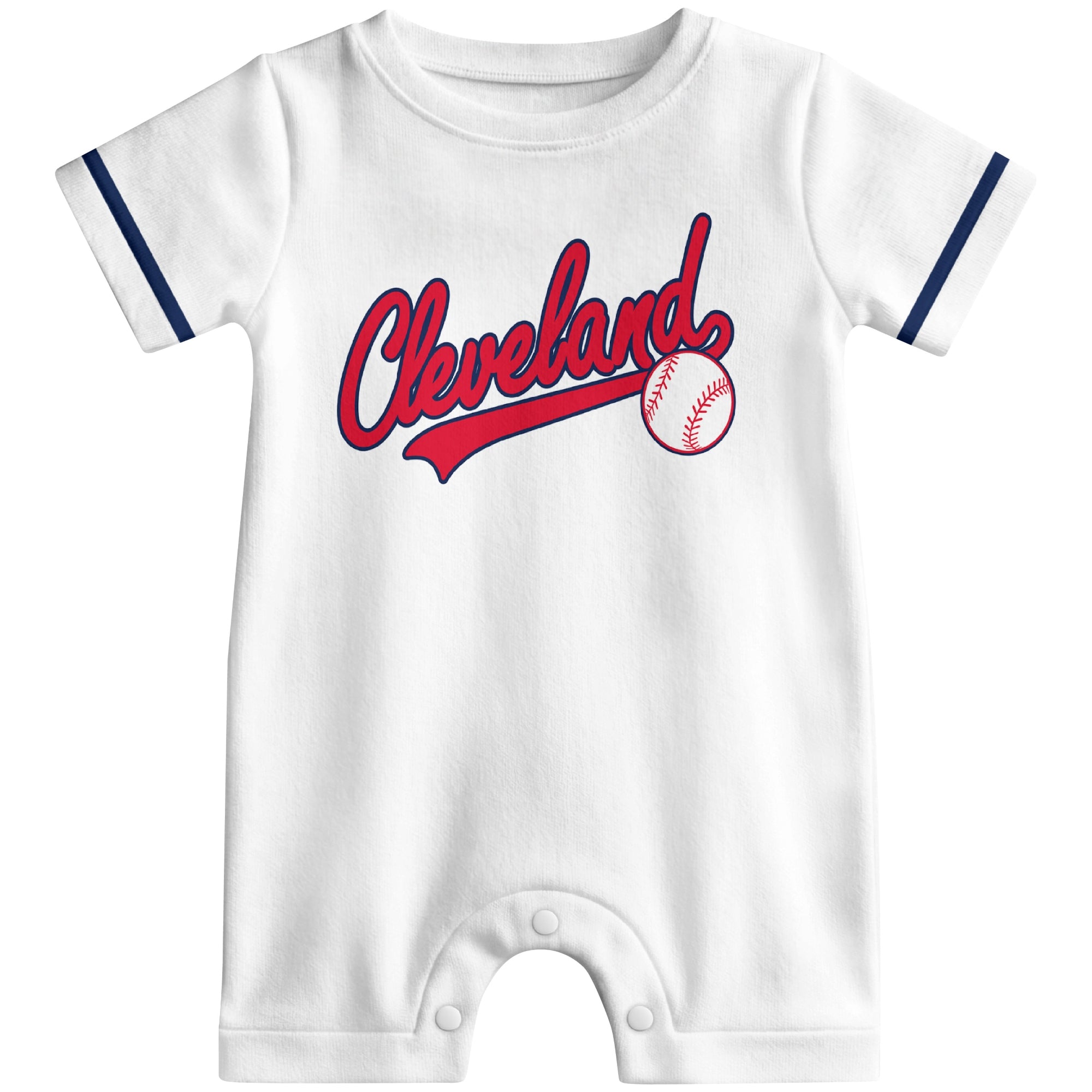 Front view of red custom baseball-style baby romper with team-inspired text design