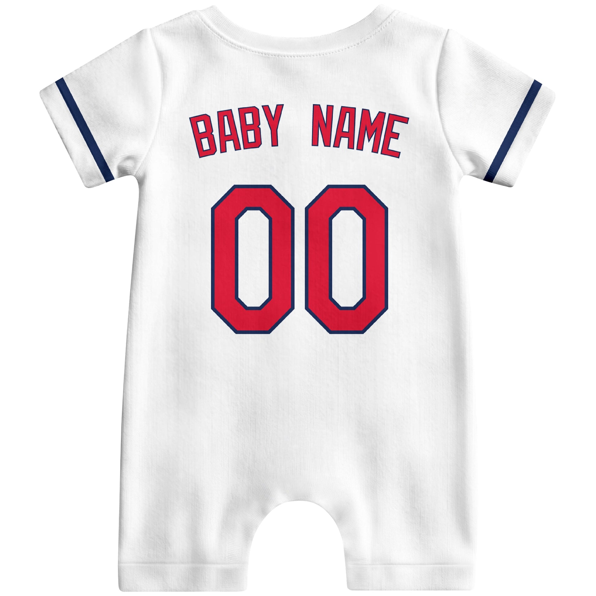 Back view of red custom baby romper with personalized name and number