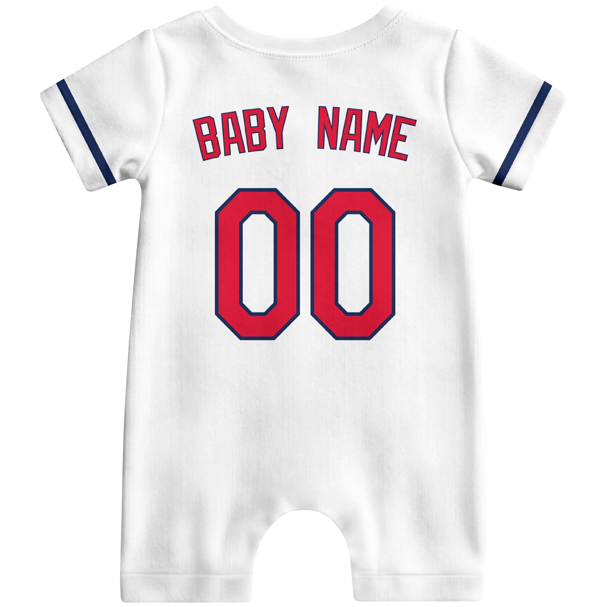 Back view of red custom baby romper with personalized name and number
