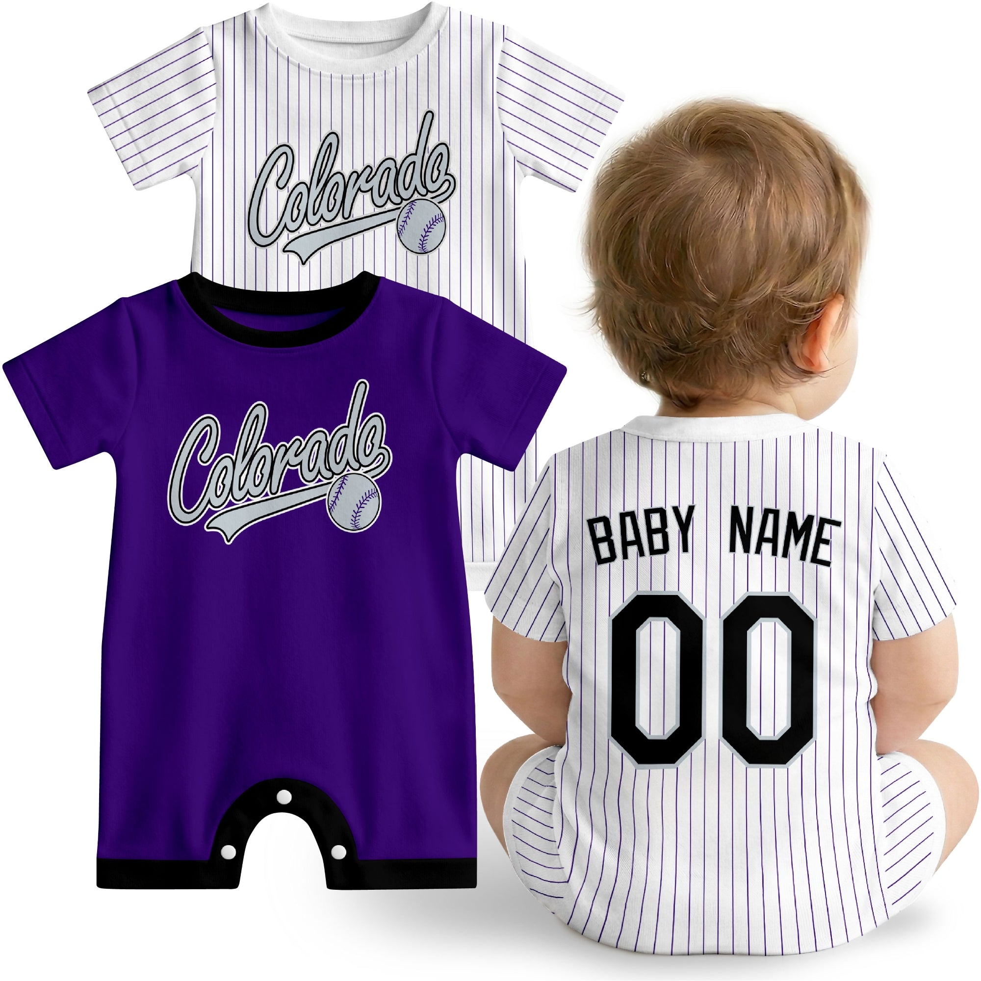 Colorado Baby wearing custom baseball-style romper in purple and white with personalized name and number, shown beside two additional sporty color variations