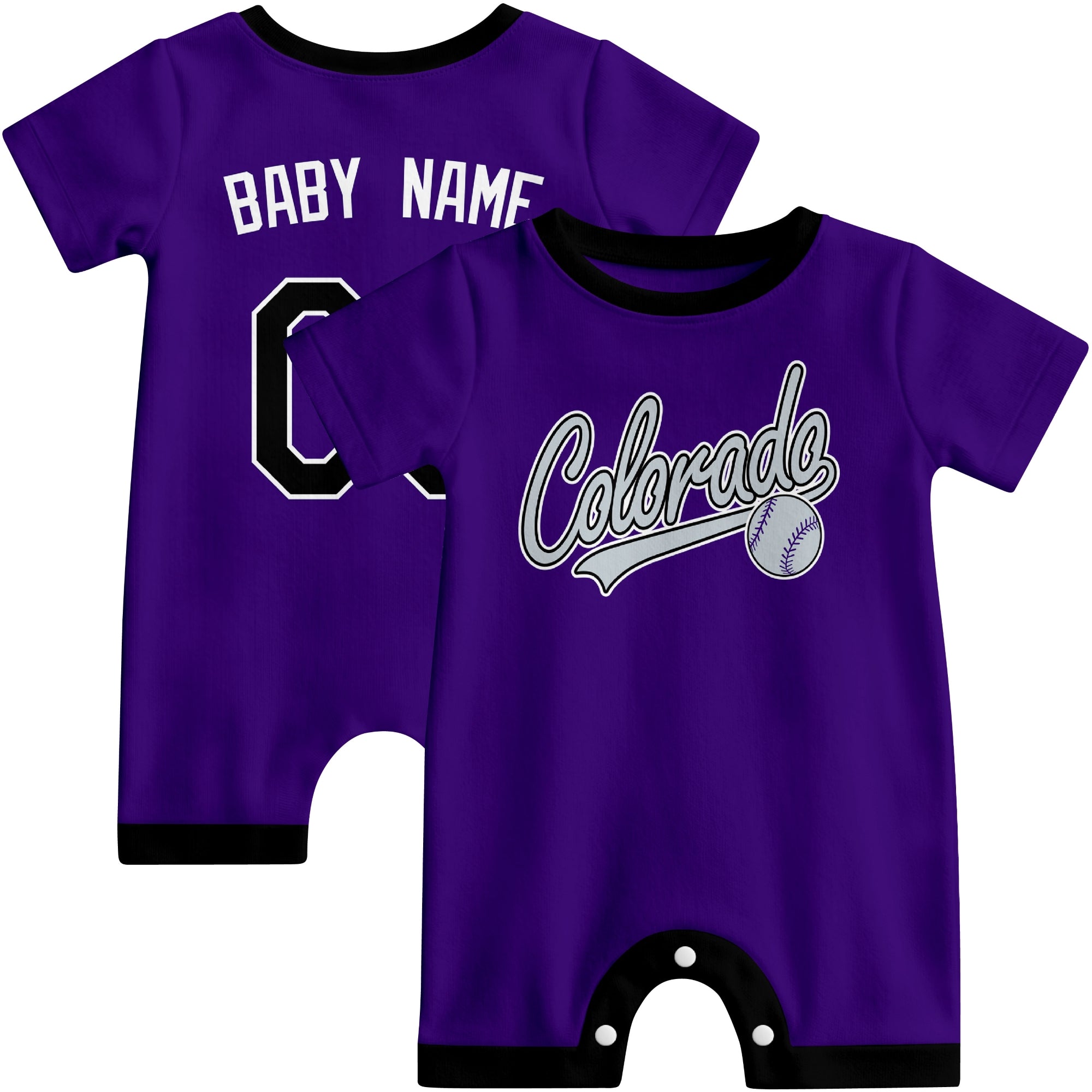 Front and back view of purple and white custom baseball-style baby romper