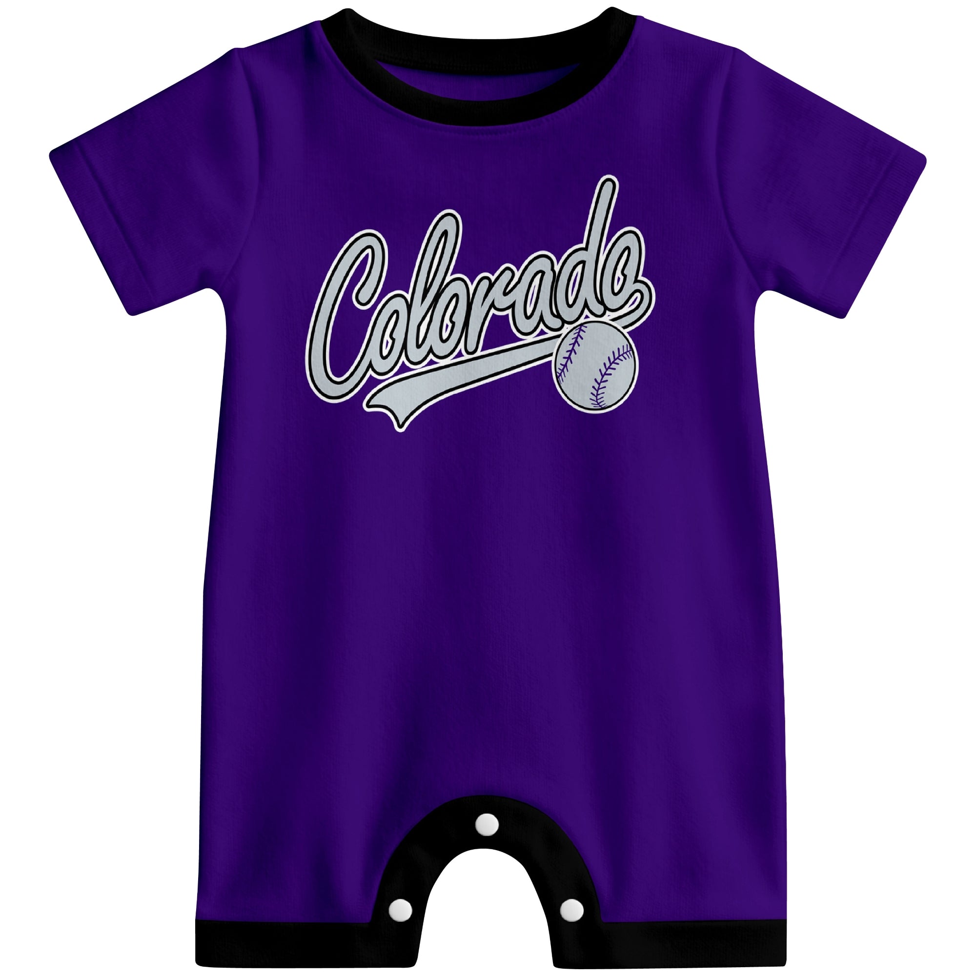 Front view of purple custom baseball-style baby romper with team-inspired text design
