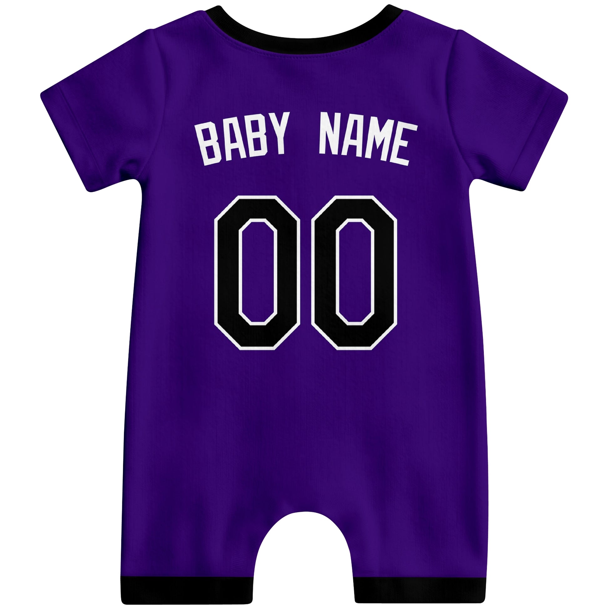 Back view of purple custom baby romper with personalized name and number
