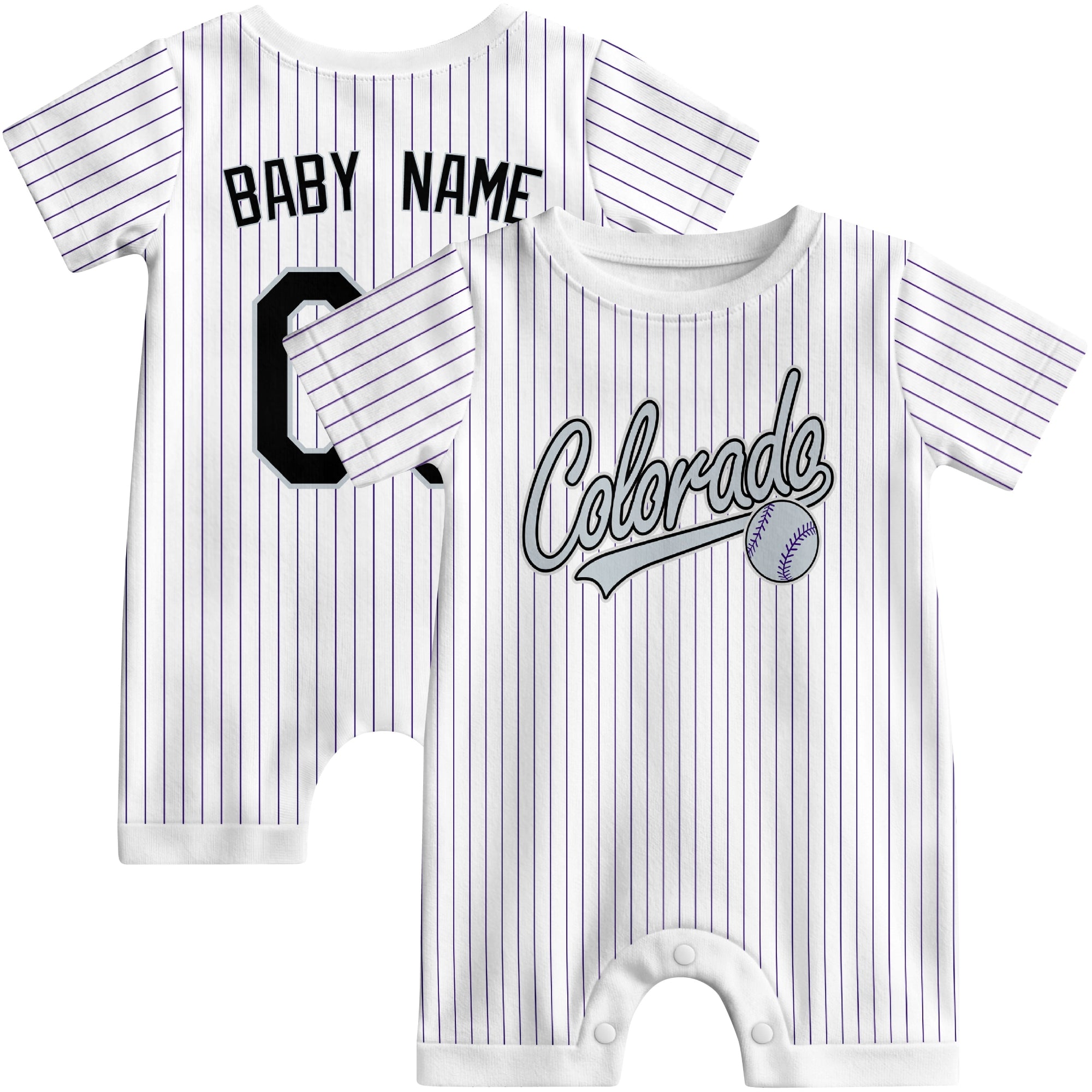 Front and back view of white custom baseball-style baby romper