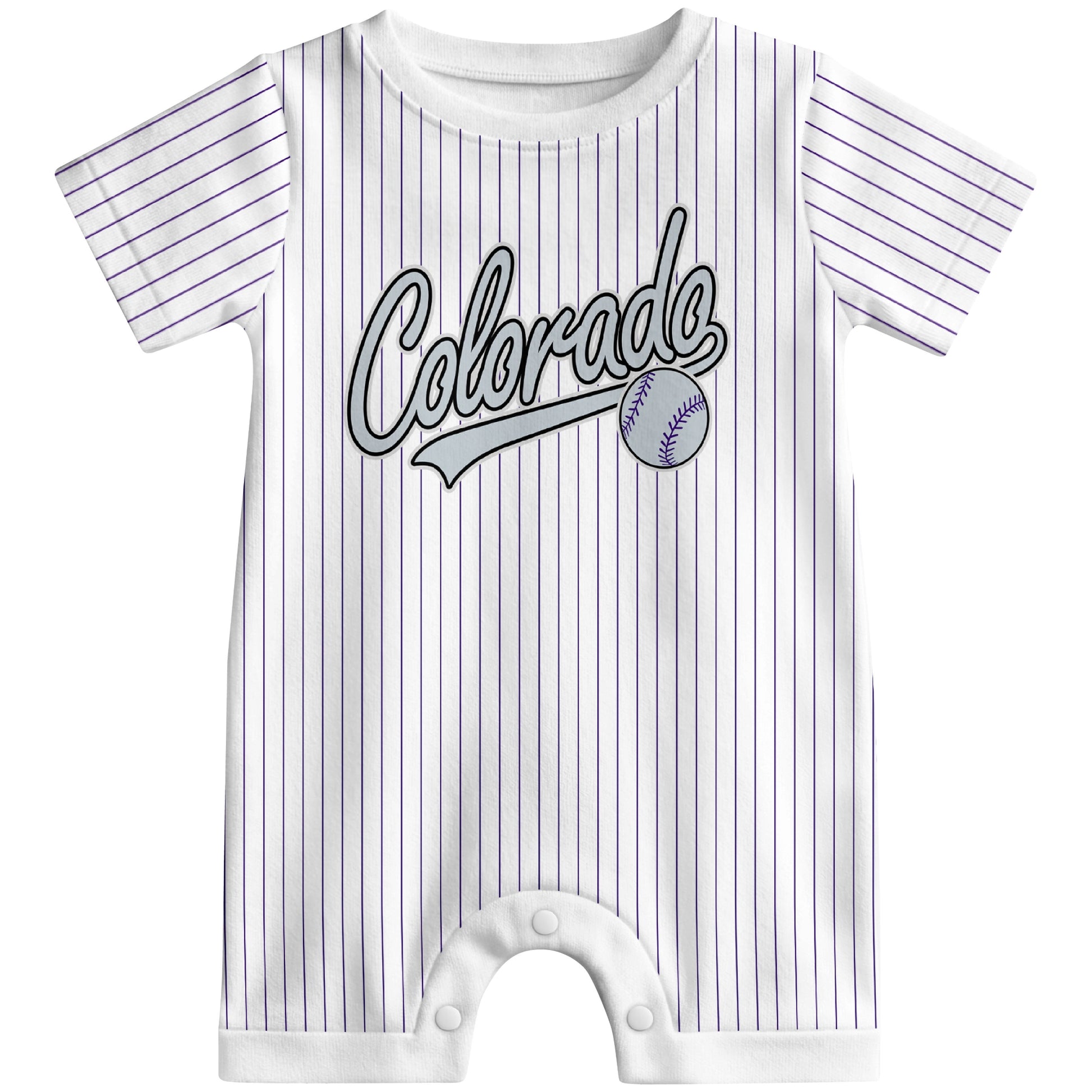 Front view of white custom baseball-style baby romper with team-inspired text design