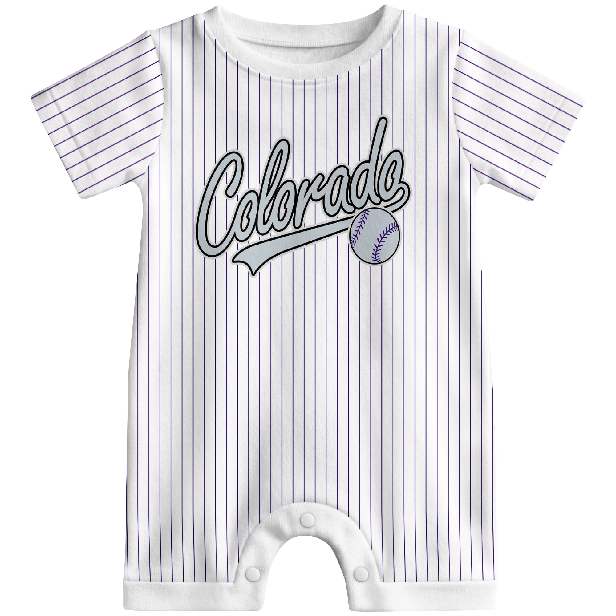 Front view of white custom baseball-style baby romper with team-inspired text design