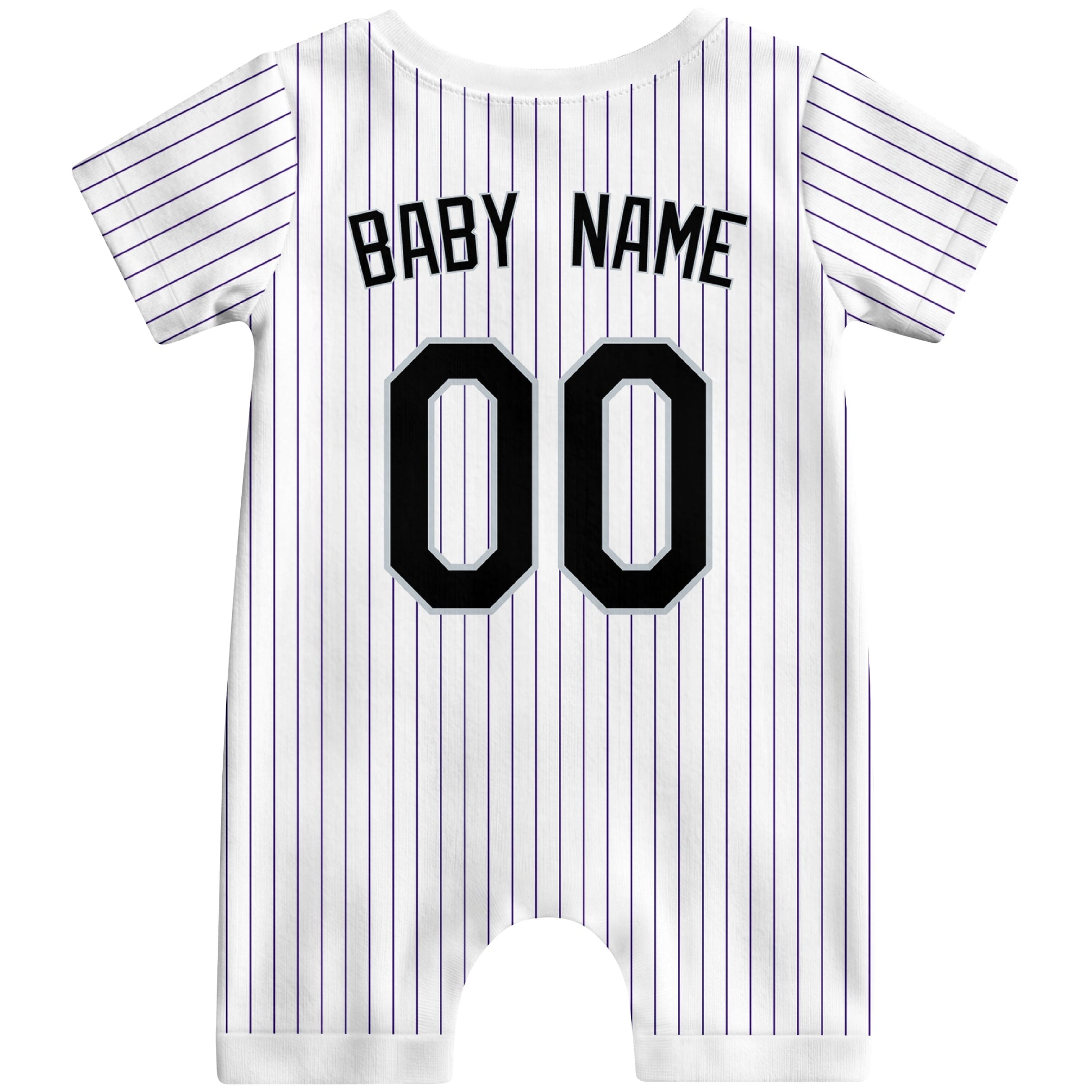 Back view of white custom baby romper with personalized name and number