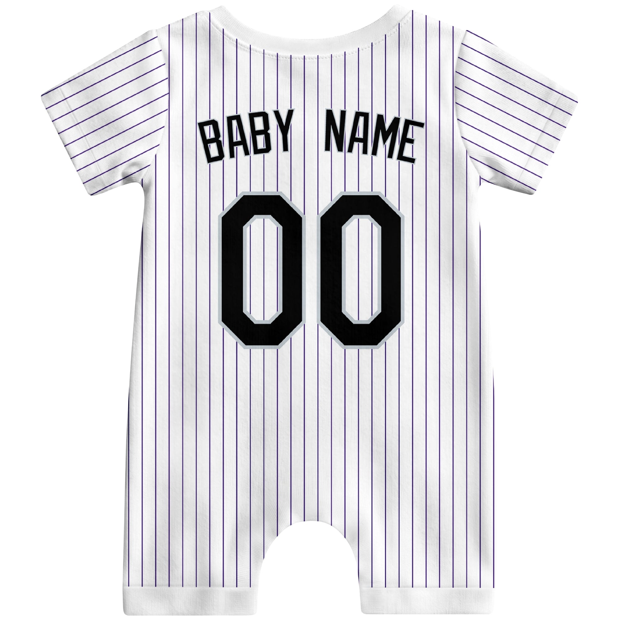 Back view of white custom baby romper with personalized name and number