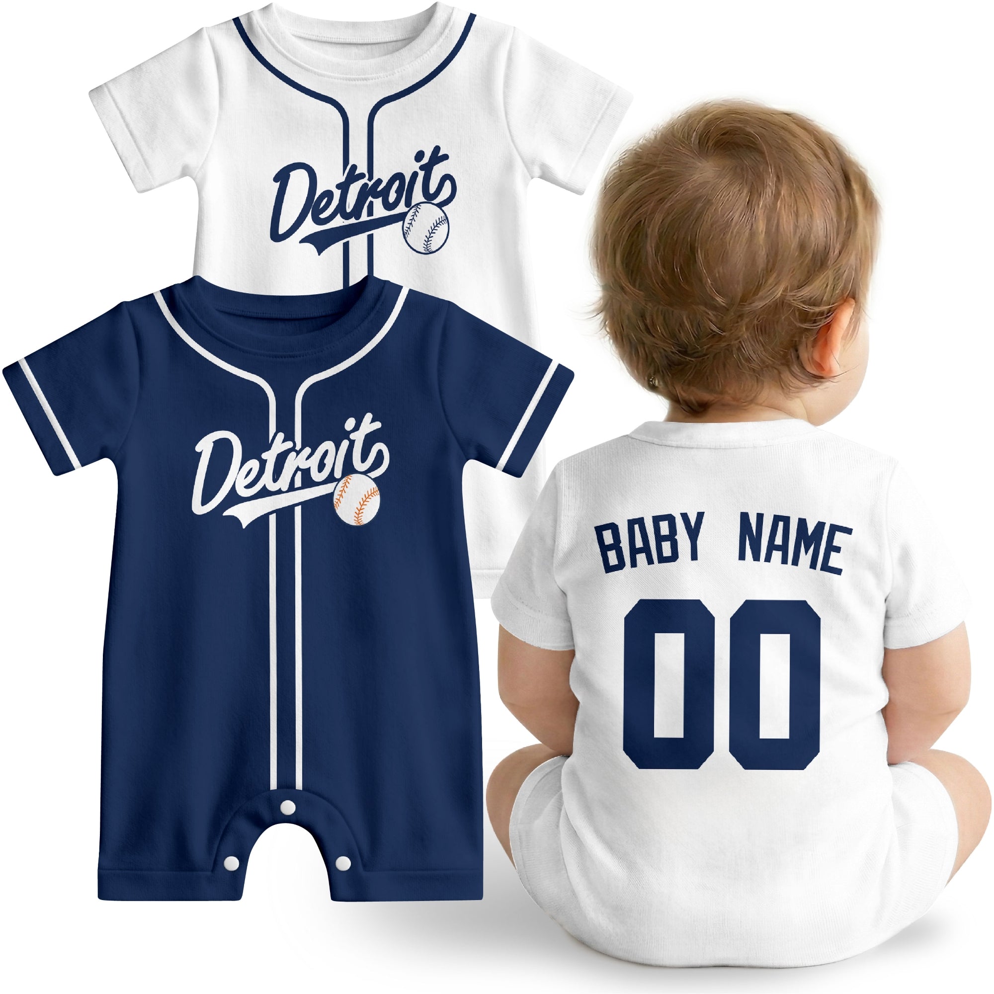 Detroit Baby wearing custom baseball-style romper in navy and white with personalized name and number, shown beside two additional sporty color variations