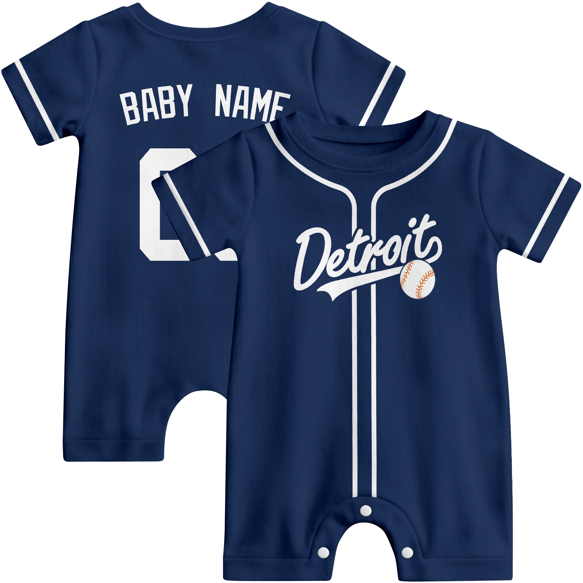 Front and back view of navy and white custom baseball-style baby romper