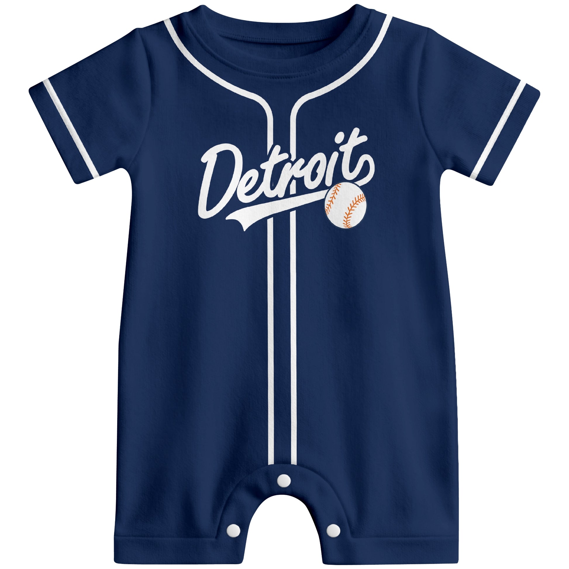 Front view of navy custom baseball-style baby romper with team-inspired text design