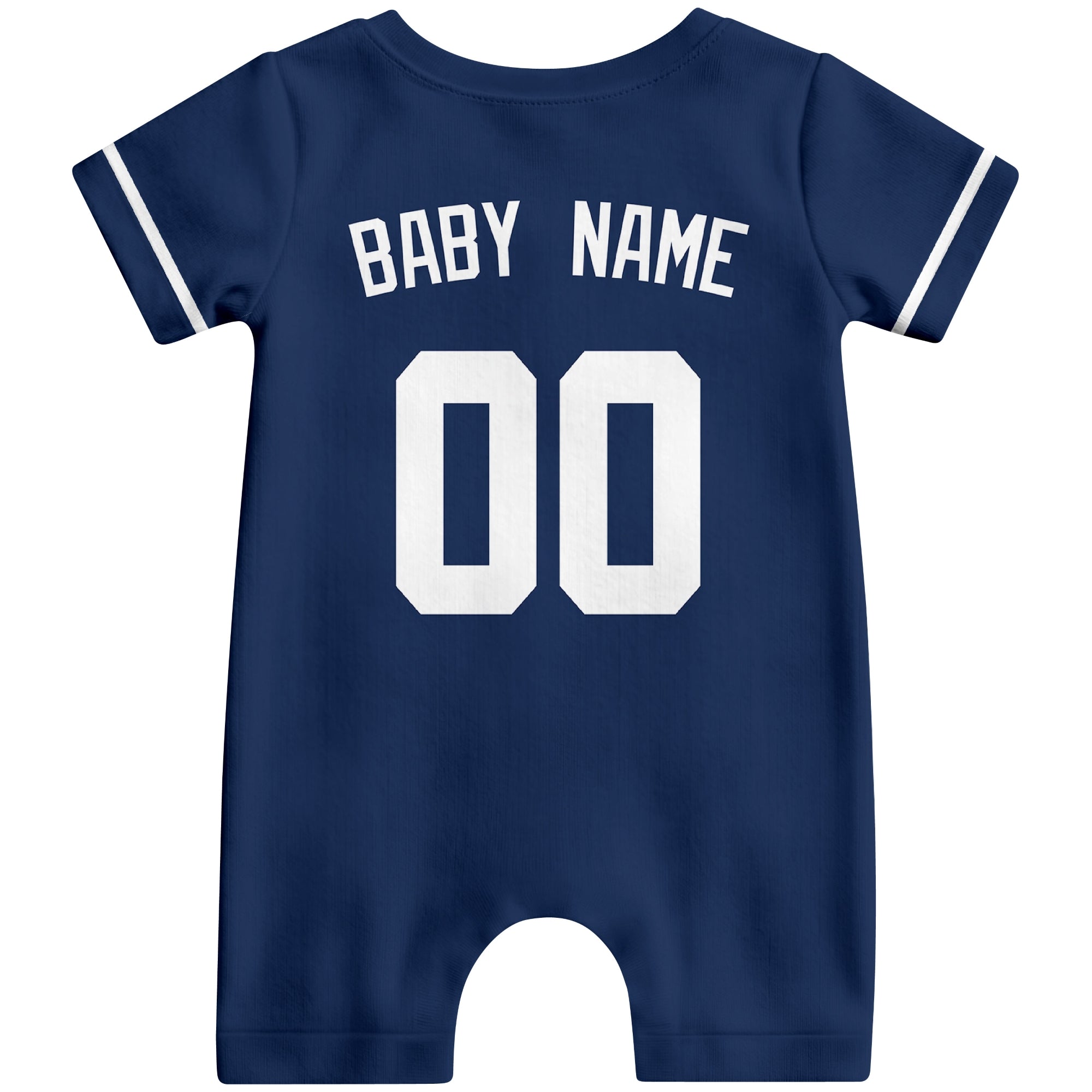 Back view of navy custom baby romper with personalized name and number