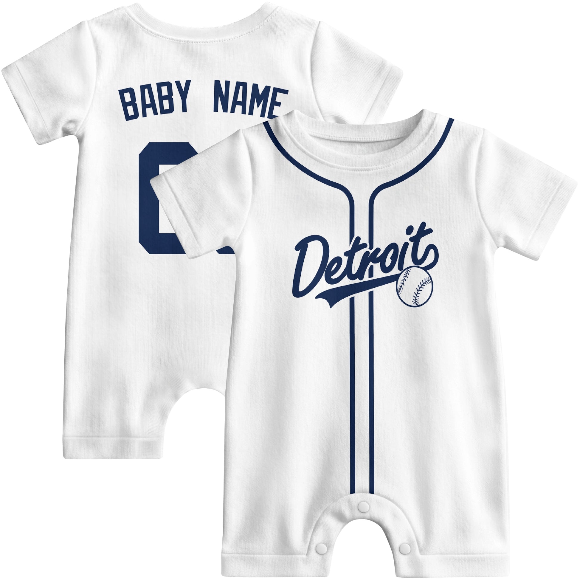 Front and back view of white custom baseball-style baby romper