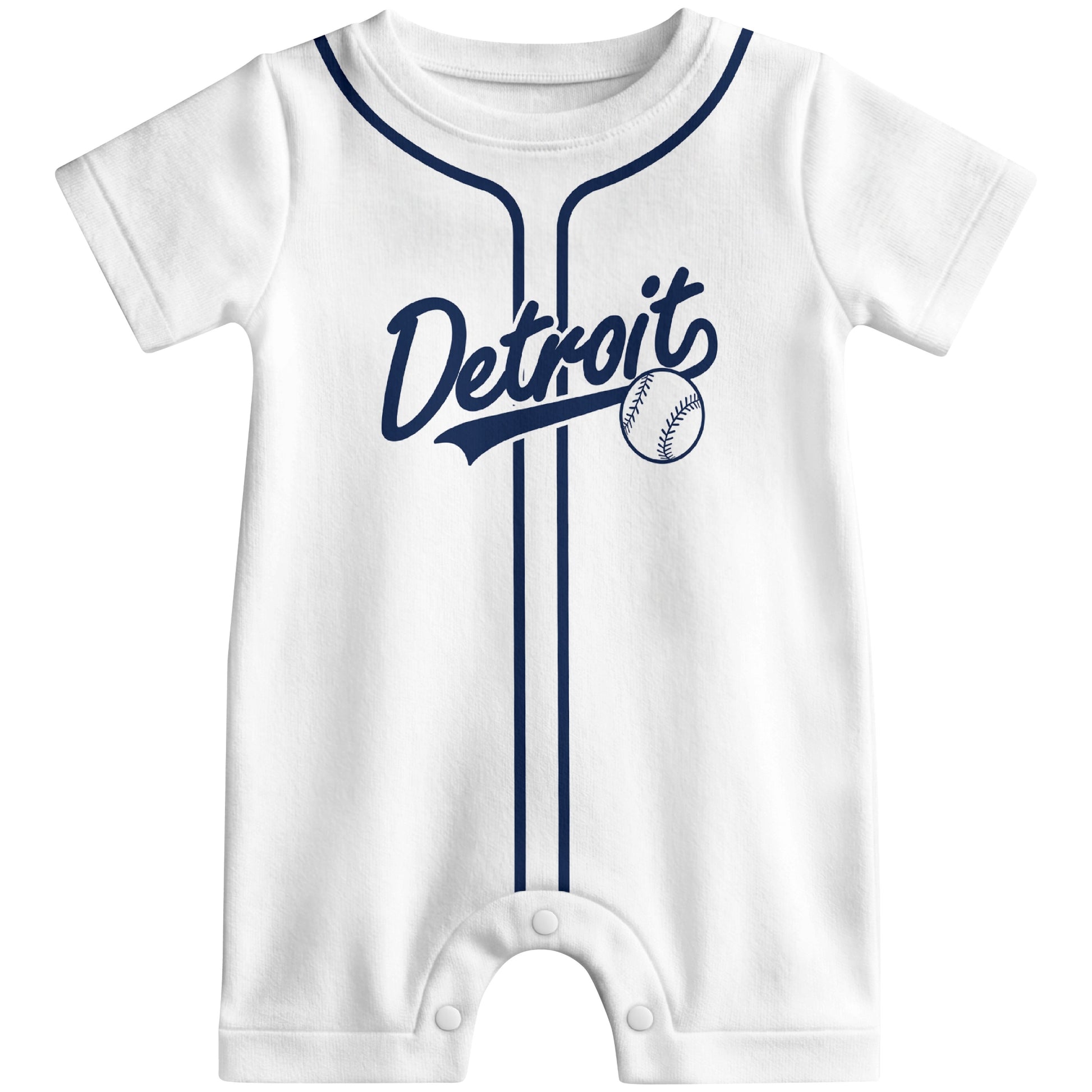 Front view of white custom baseball-style baby romper with team-inspired text design