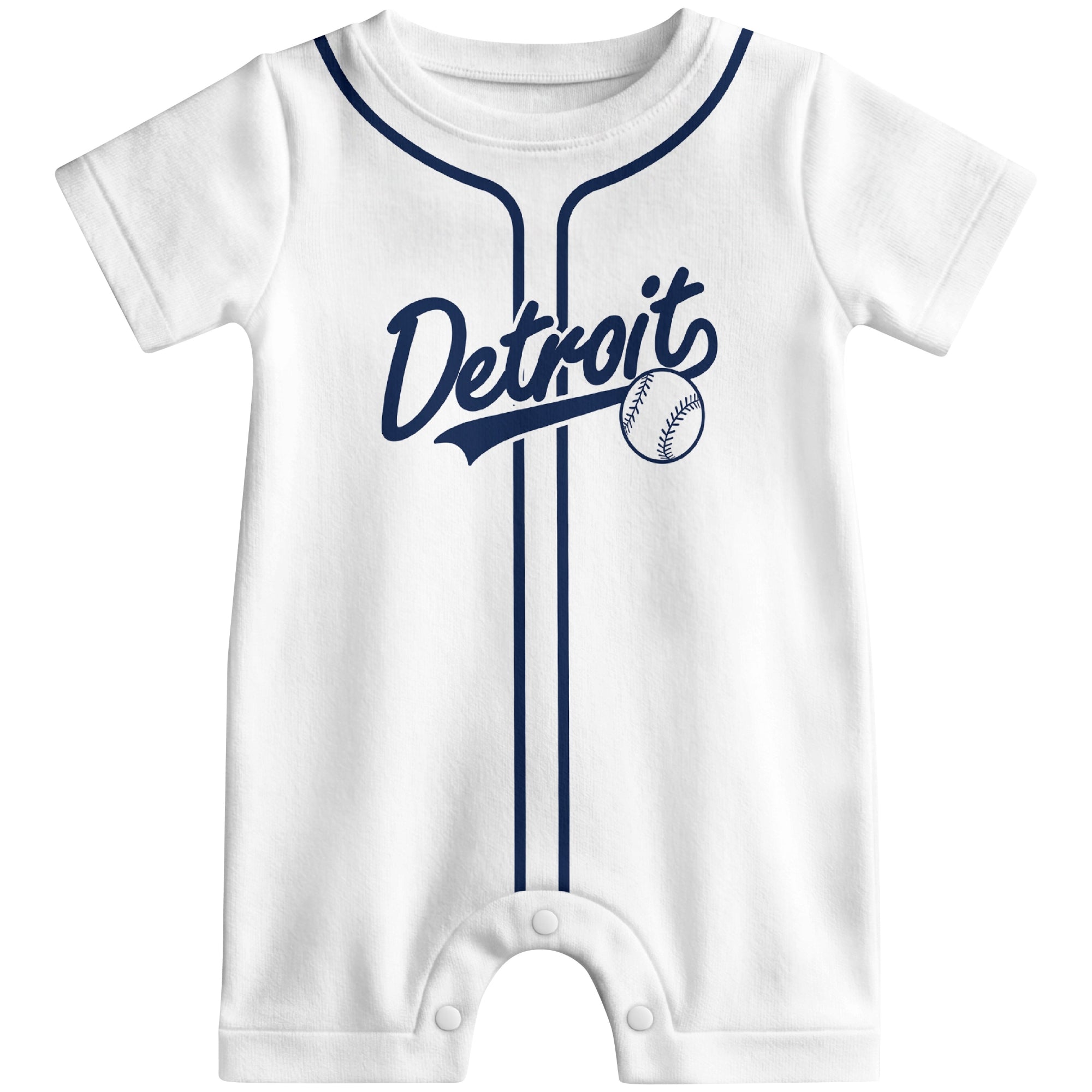 Front view of white custom baseball-style baby romper with team-inspired text design