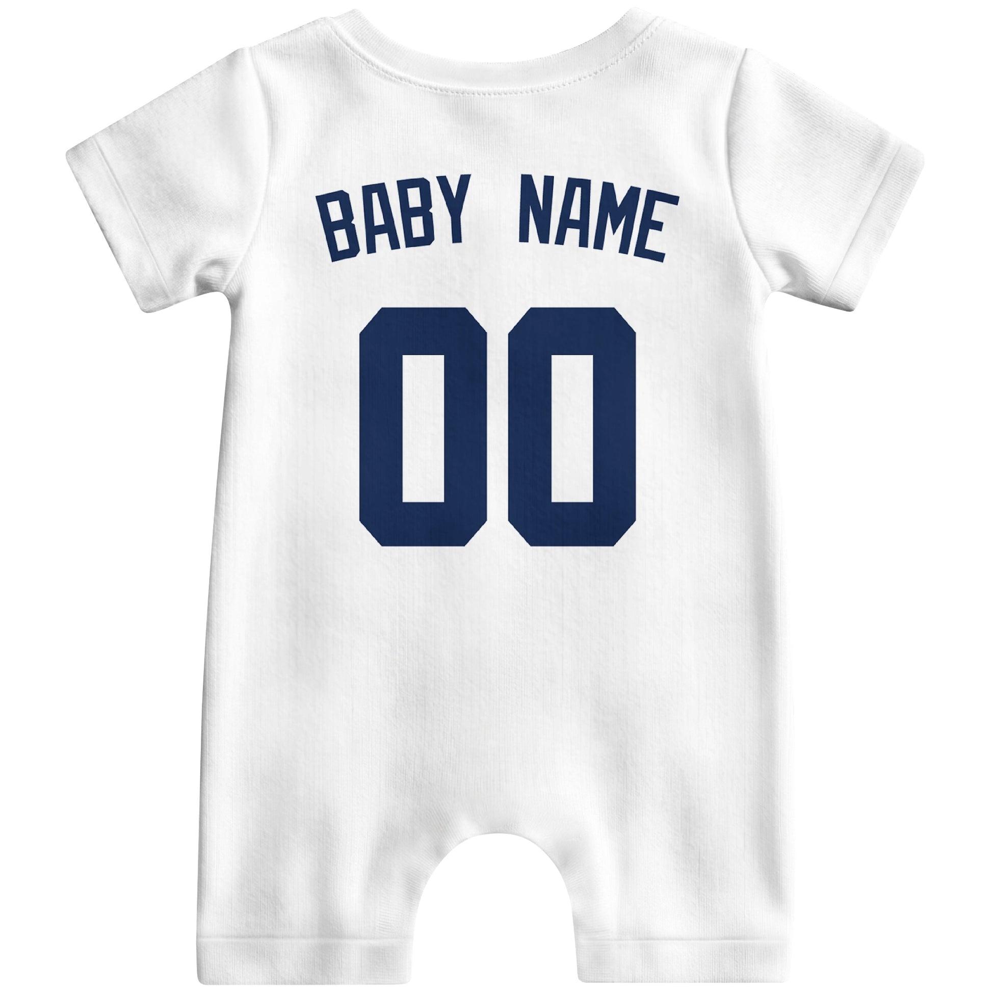Back view of white custom baby romper with personalized name and number