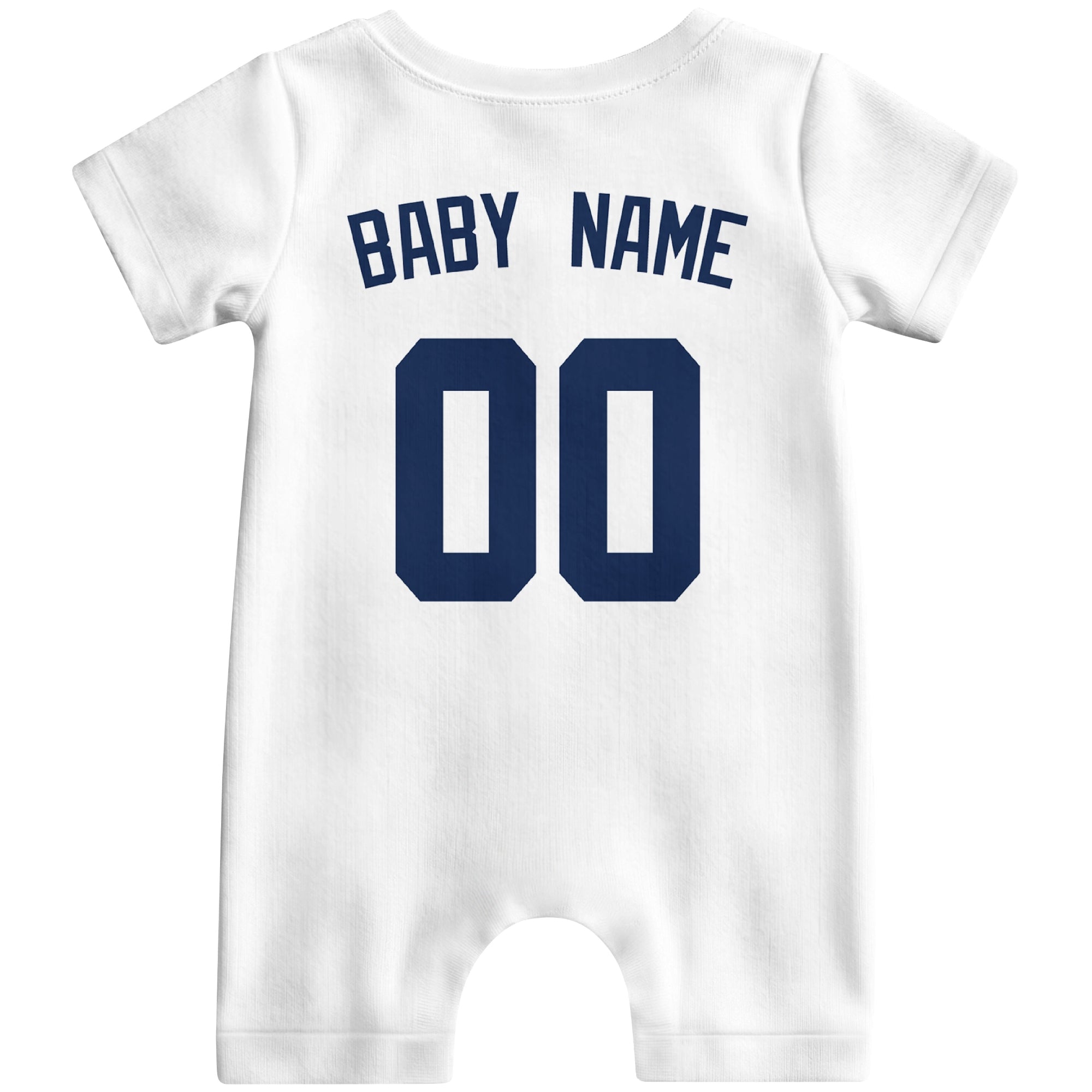 Back view of white custom baby romper with personalized name and number