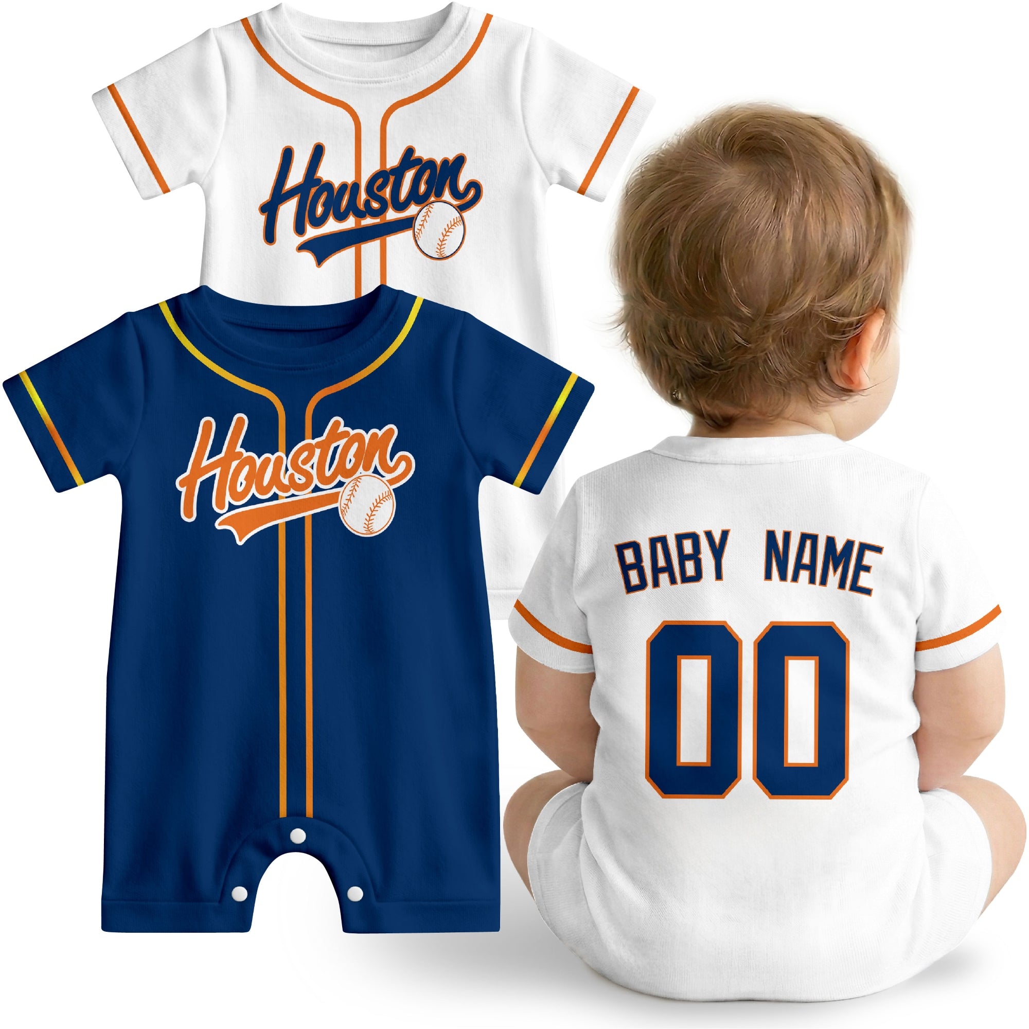 Houston Baby wearing custom baseball-style romper in orange and navy with personalized name and number, shown beside two additional sporty color variations
