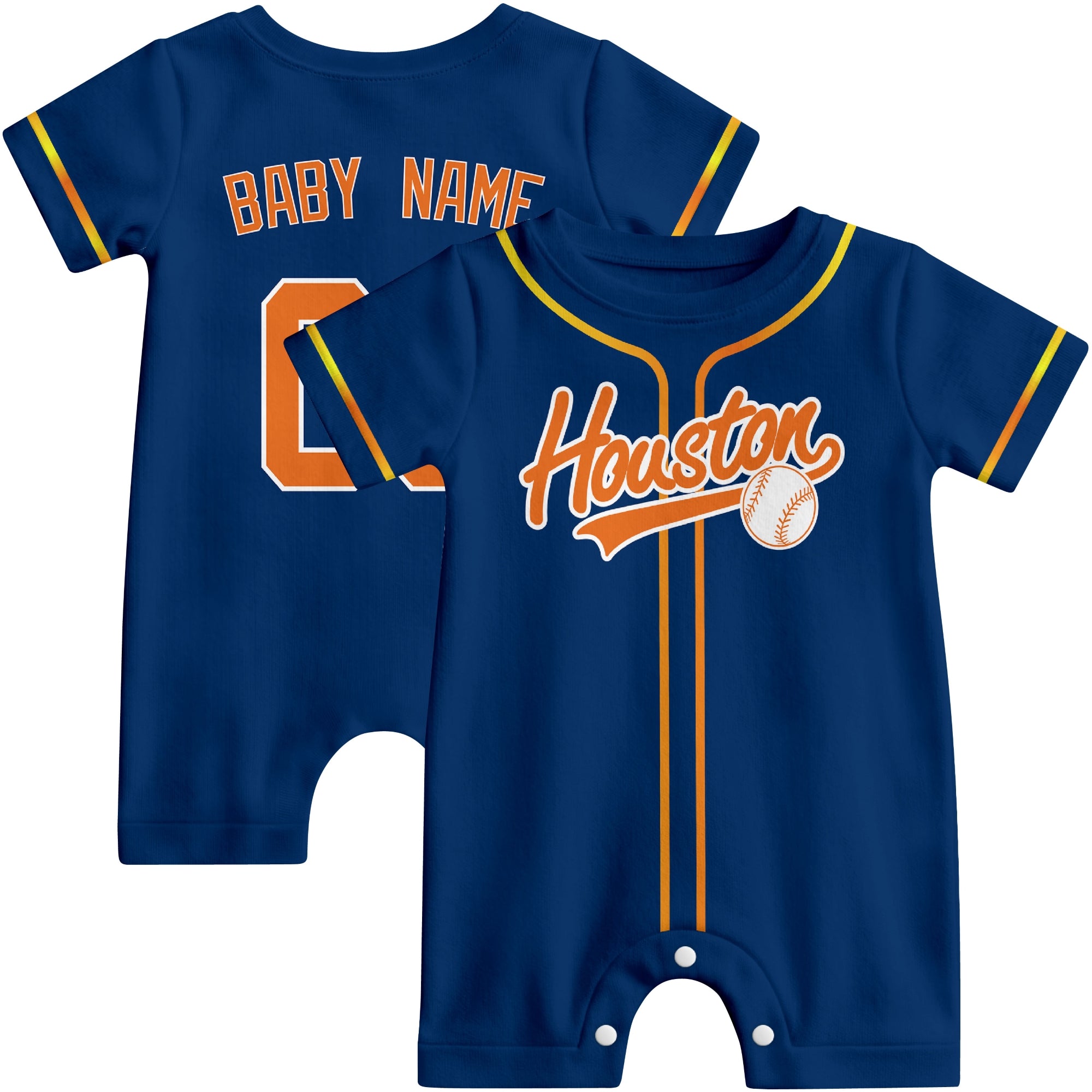 Front and back view of orange and navy custom baseball-style baby romper