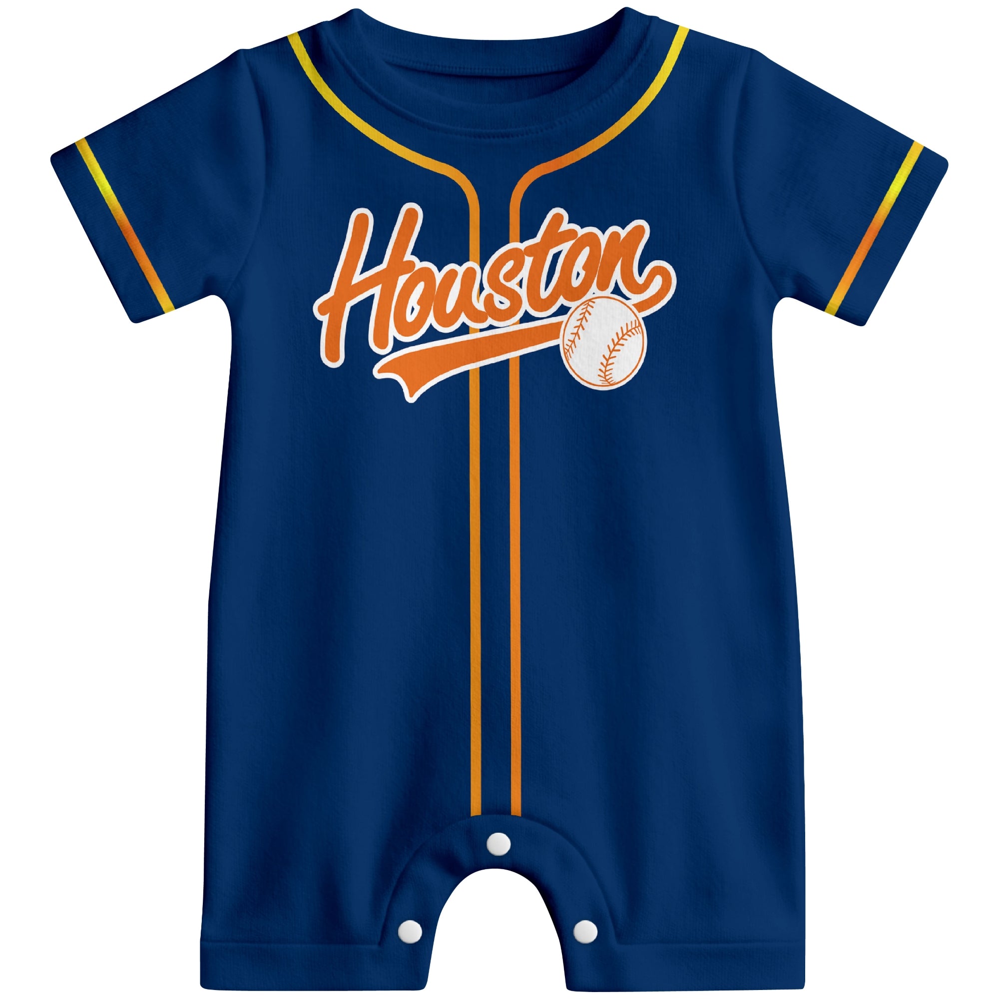 Front view of orange custom baseball-style baby romper with team-inspired text design