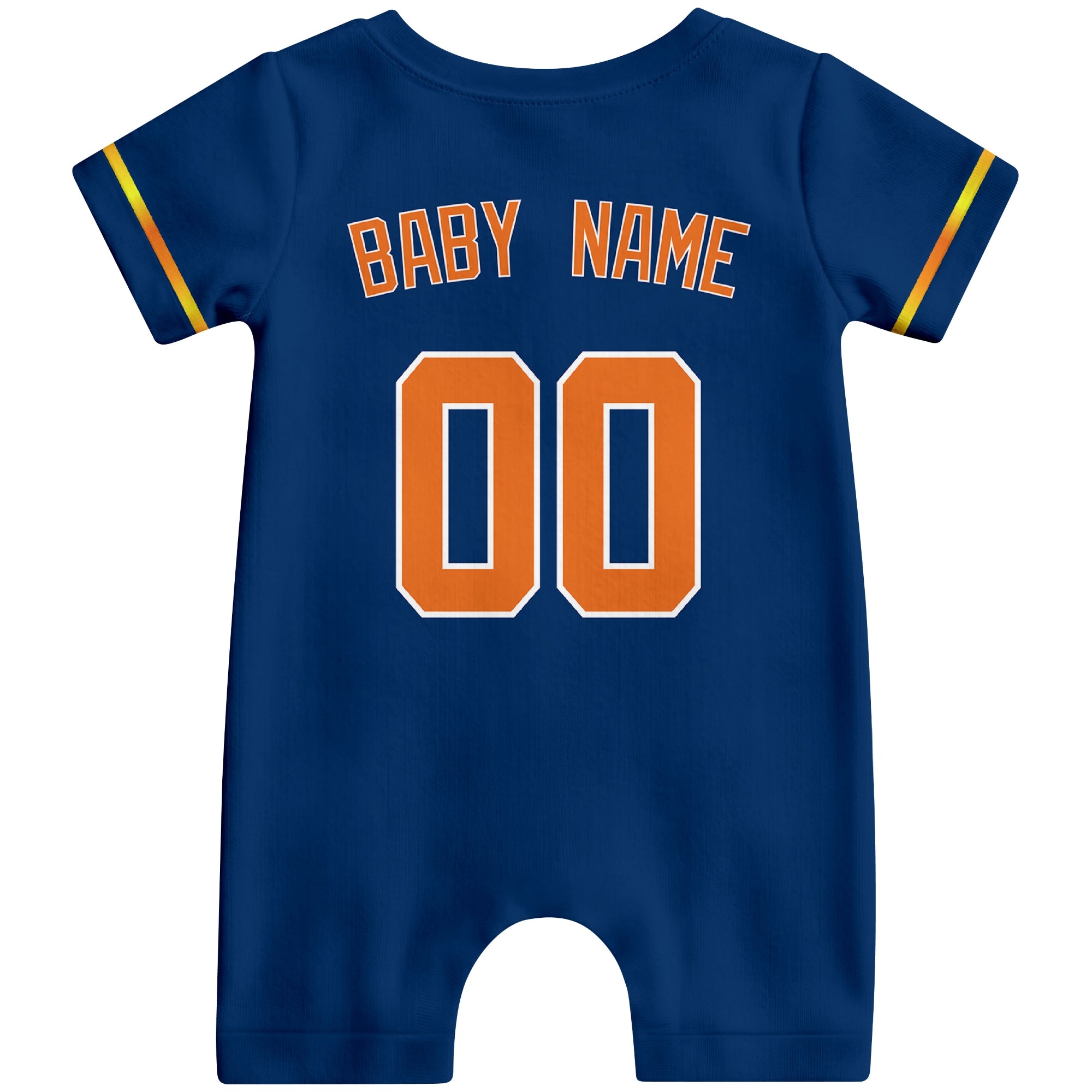 Back view of orange custom baby romper with personalized name and number
