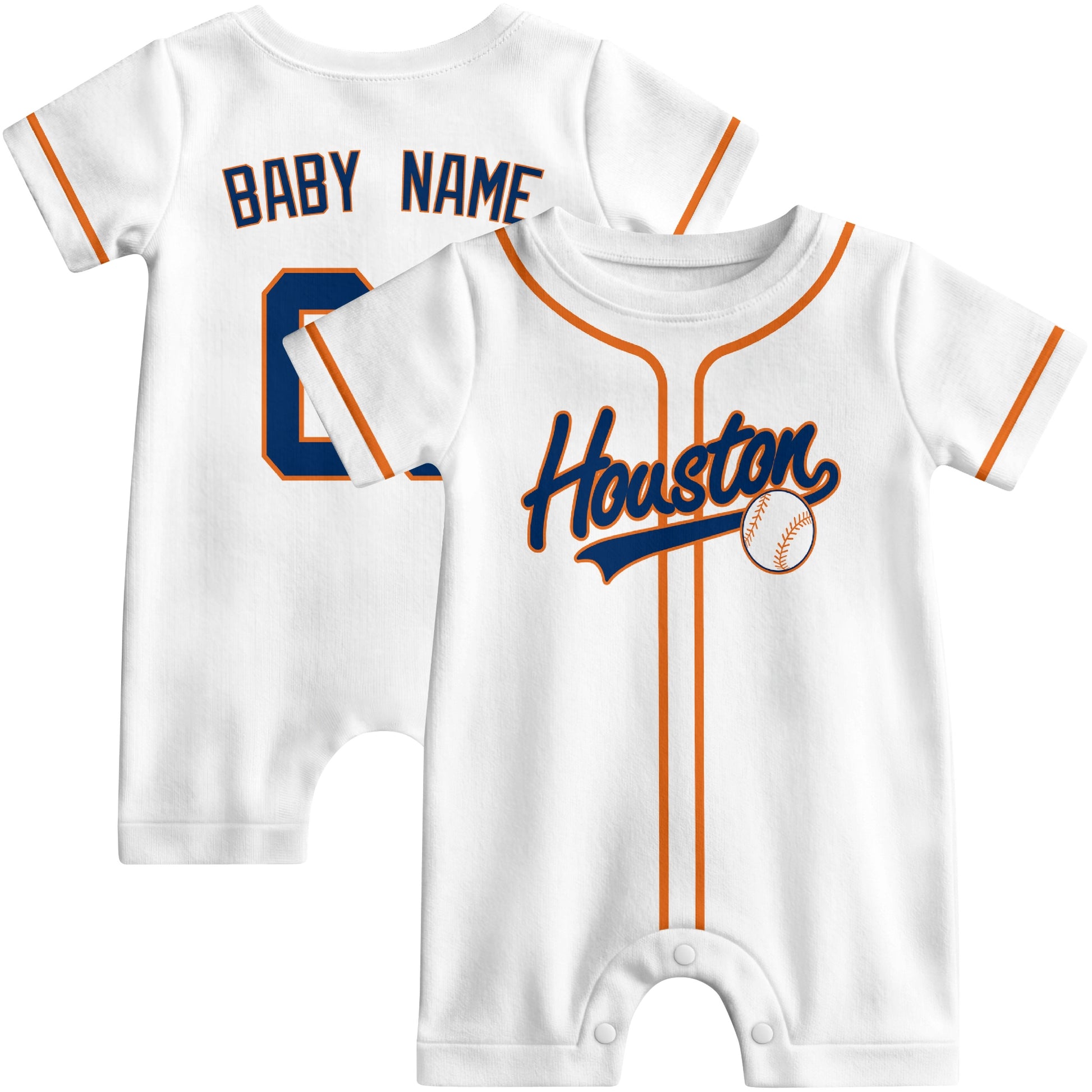 Front and back view of navy custom baseball-style baby romper