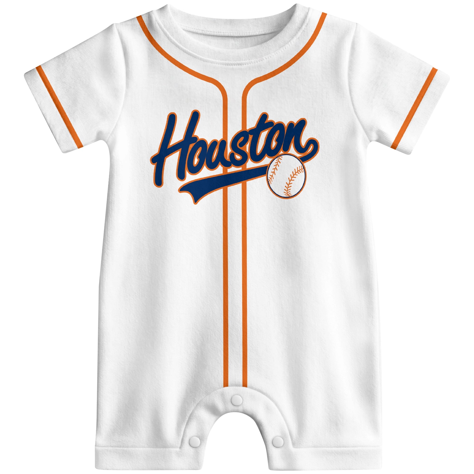 Front view of navy custom baseball-style baby romper with team-inspired text design