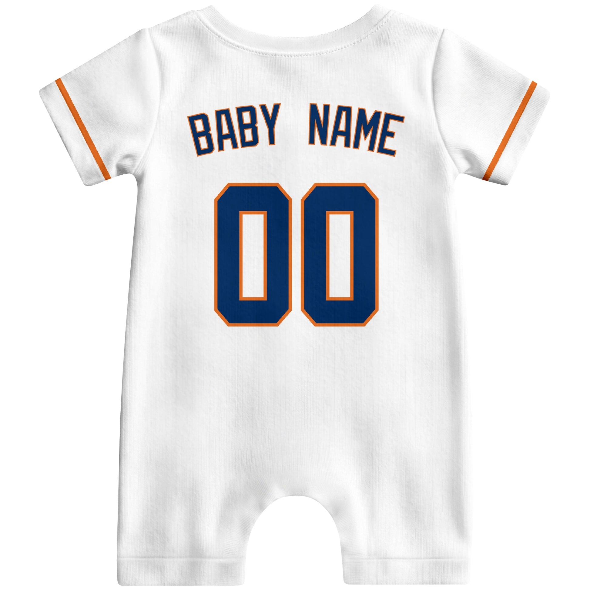 Back view of navy custom baby romper with personalized name and number