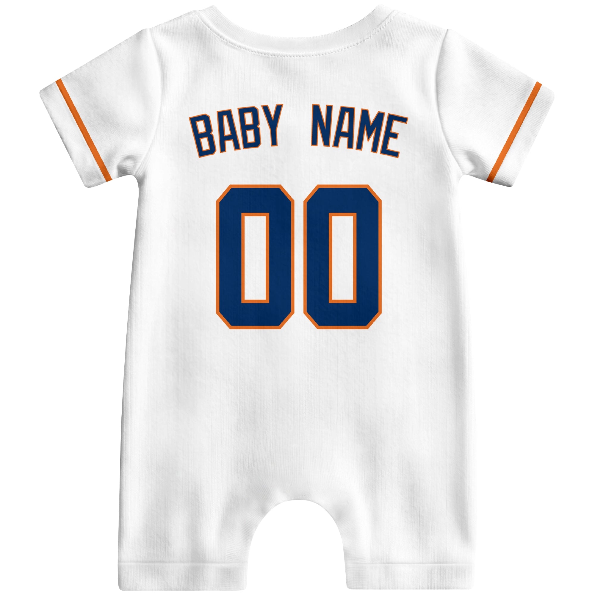 Back view of navy custom baby romper with personalized name and number
