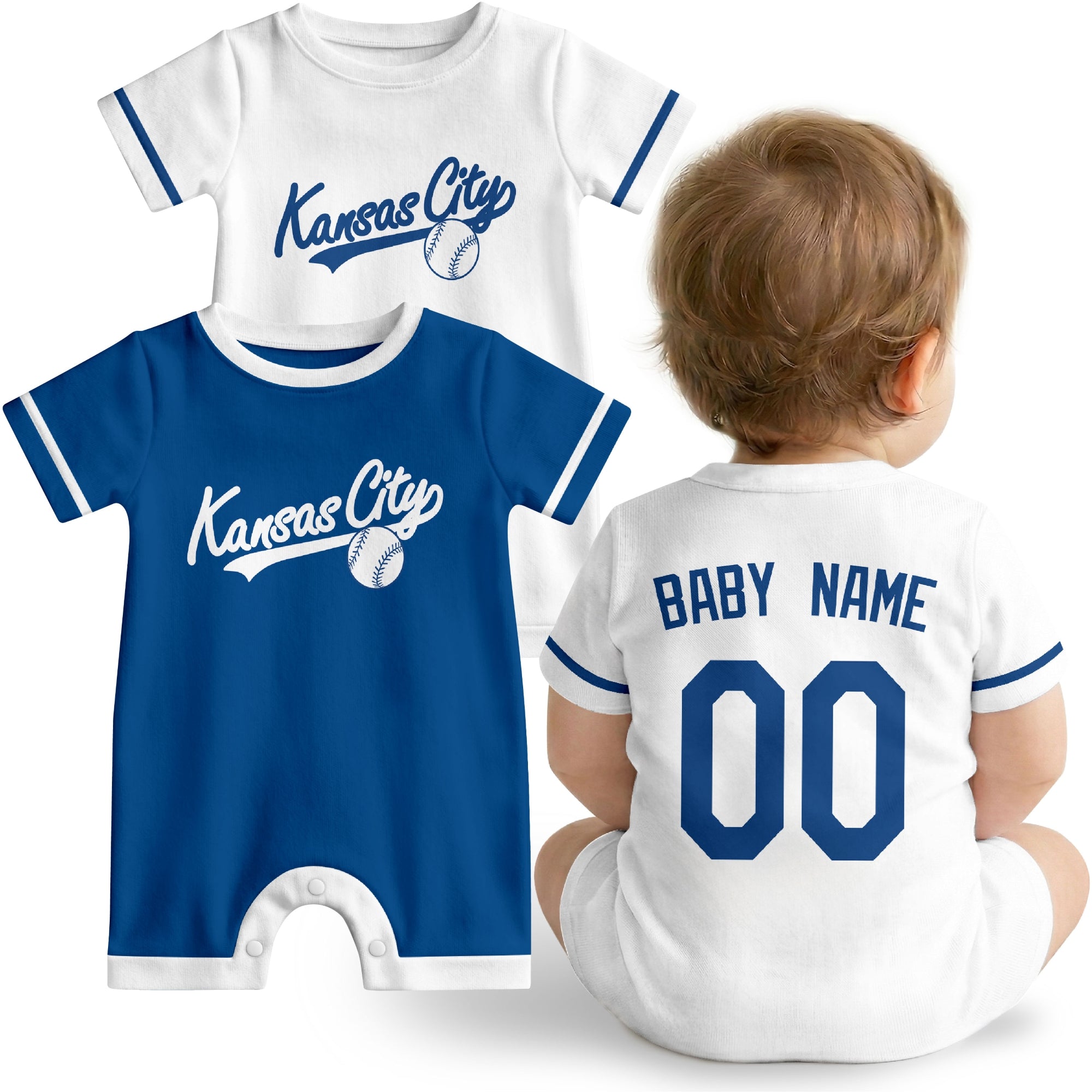 Kansas City Baby wearing custom baseball-style romper in royal blue and white with personalized name and number, shown beside two additional sporty color variations