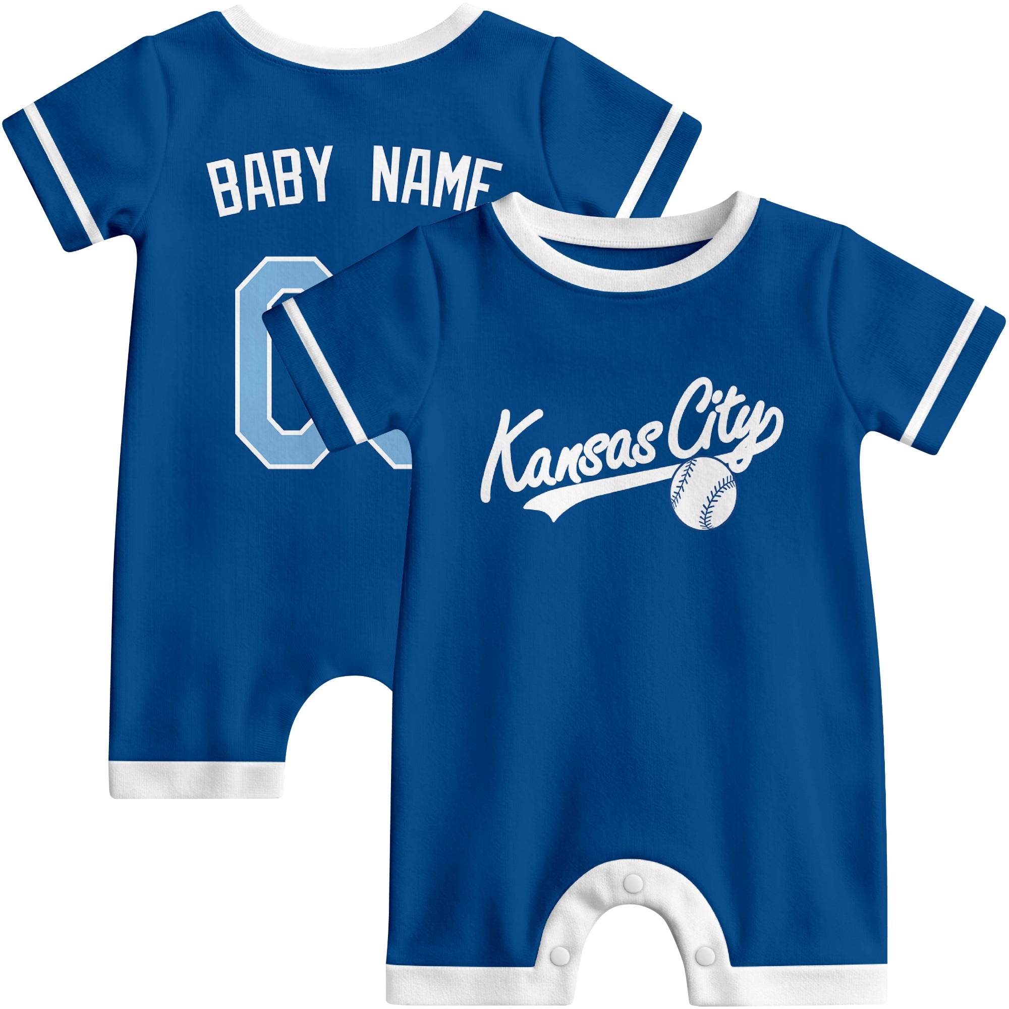 Front and back view of royal blue and white custom baseball-style baby romper