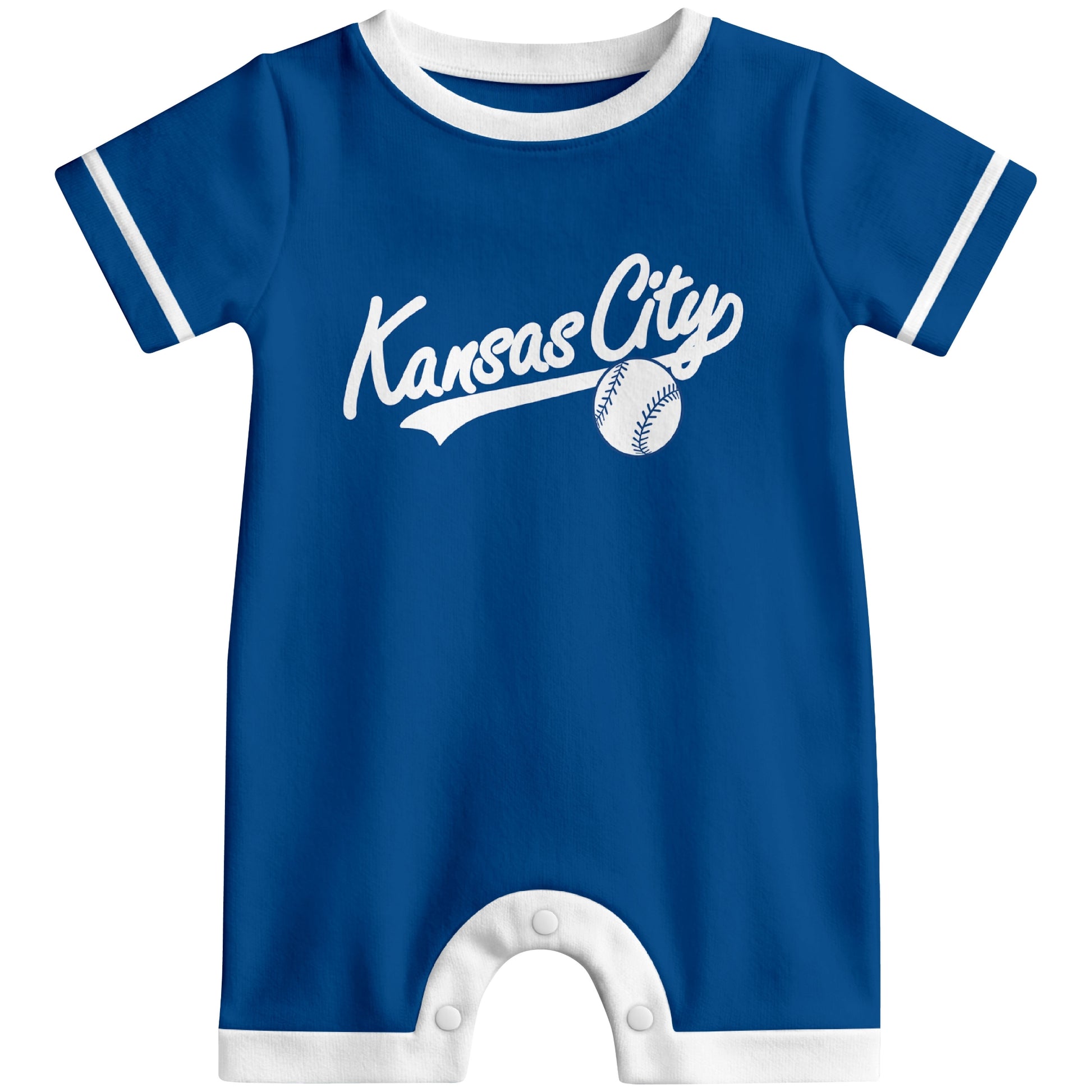 Front view of royal blue custom baseball-style baby romper with team-inspired text design