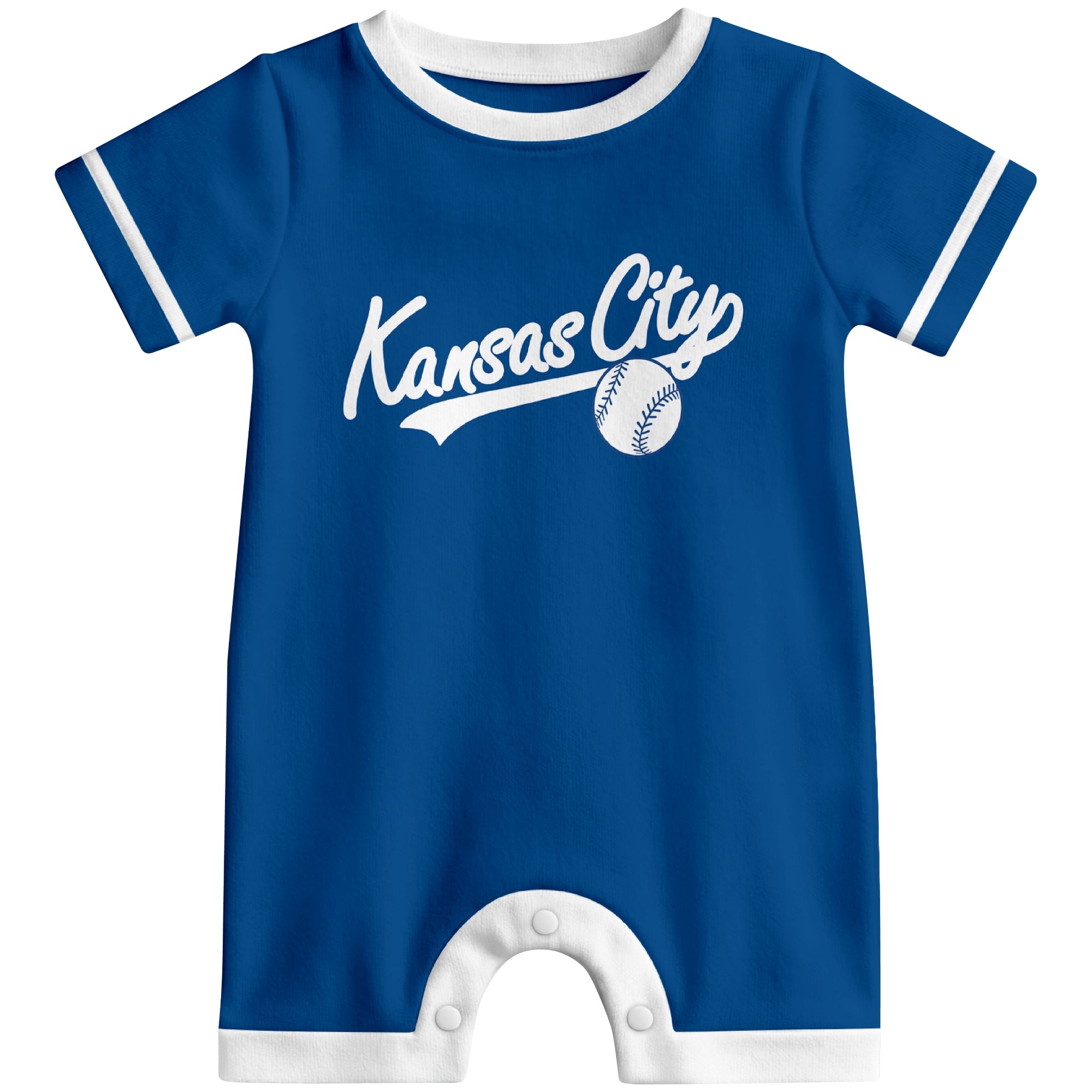 Front view of royal blue custom baseball-style baby romper with team-inspired text design