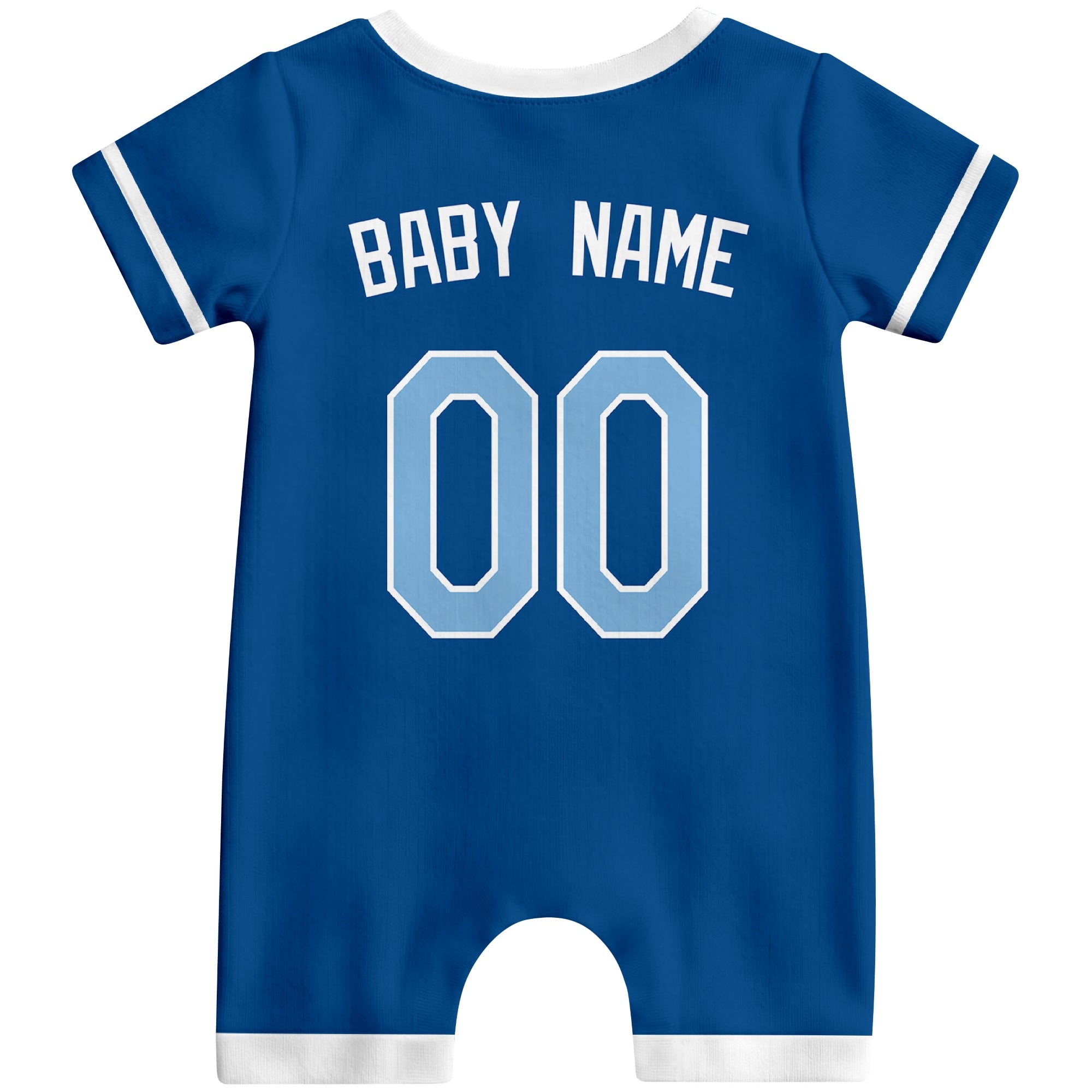 Back view of royal blue custom baby romper with personalized name and number
