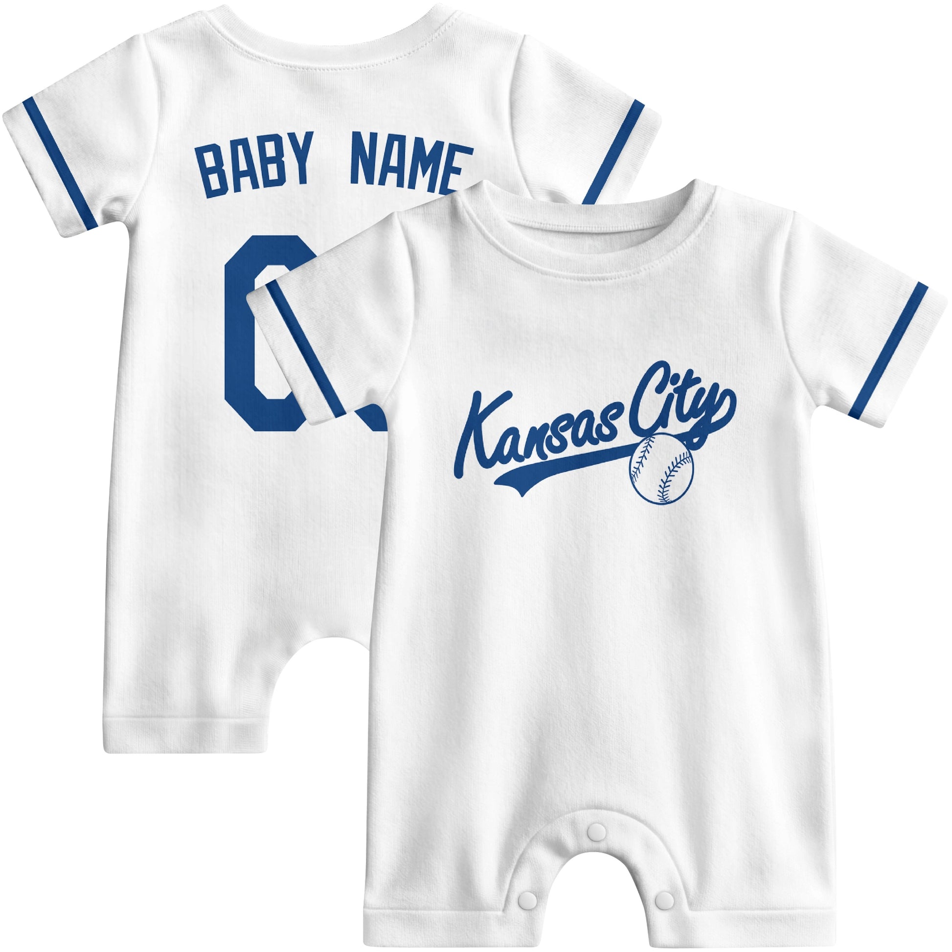 Front and back view of white custom baseball-style baby romper