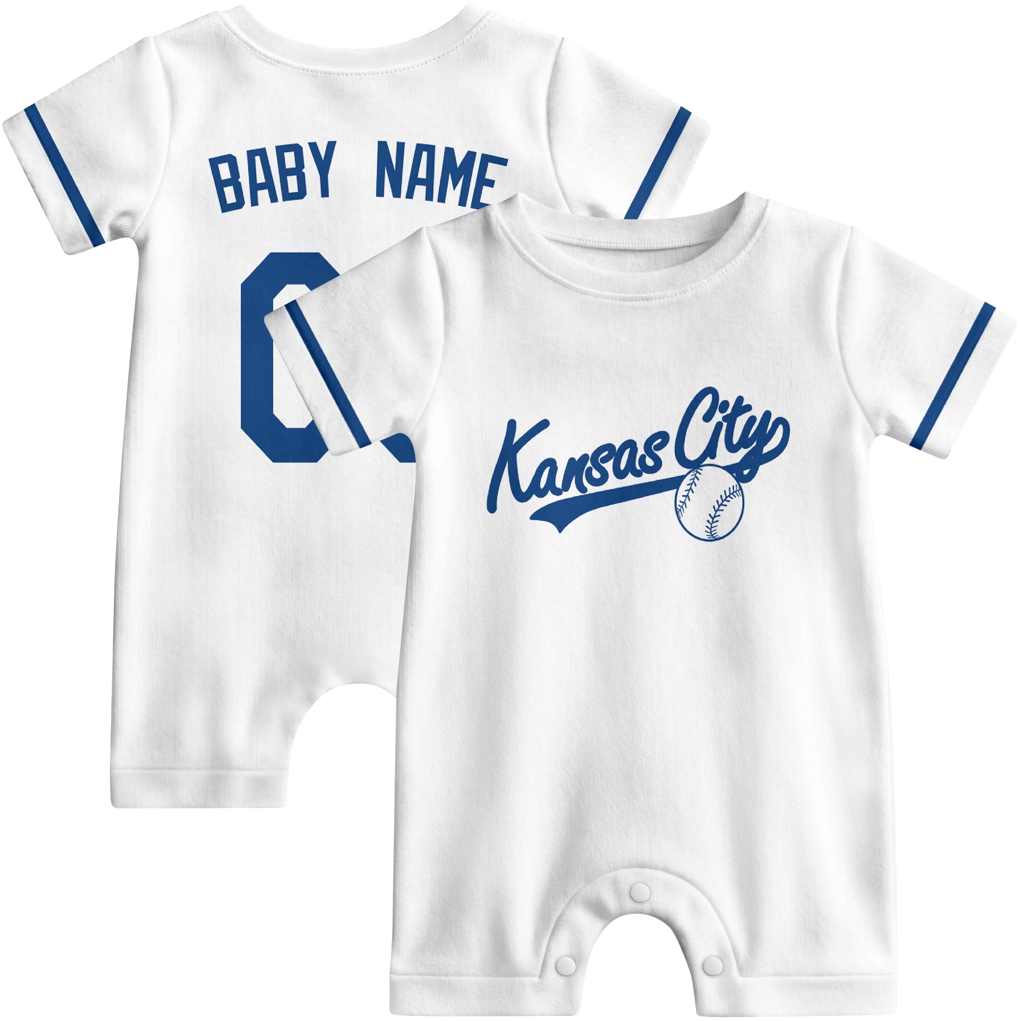 Front and back view of white custom baseball-style baby romper
