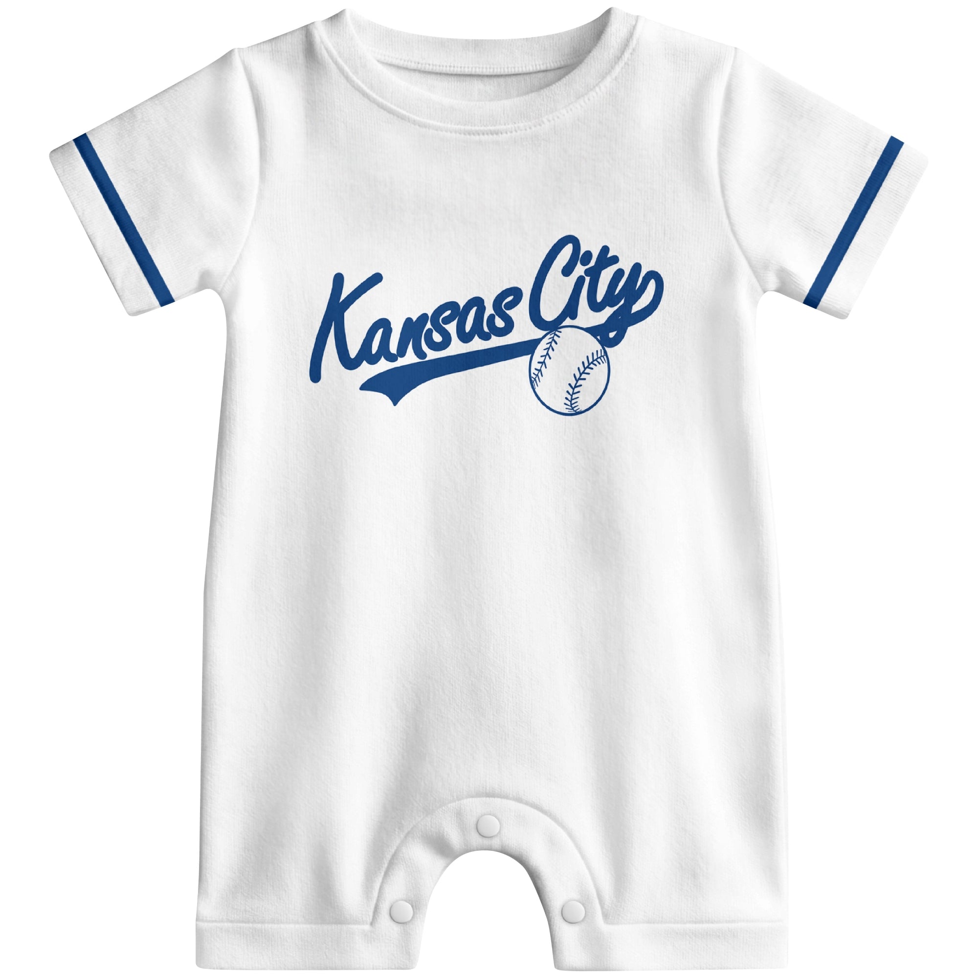 Front view of white custom baseball-style baby romper with team-inspired text design