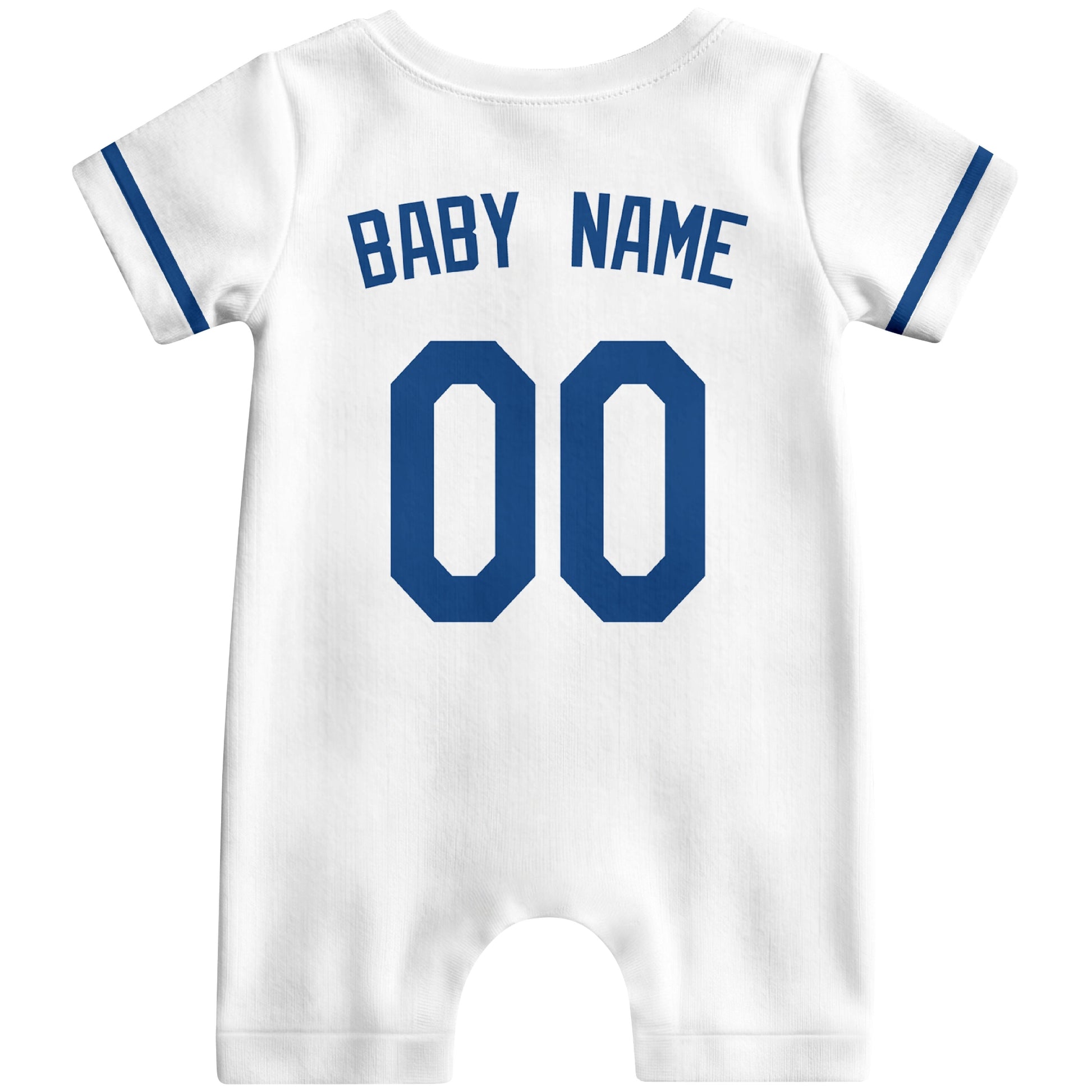 Back view of white custom baby romper with personalized name and number