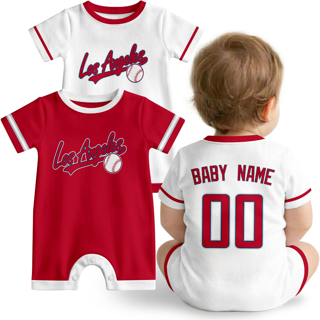 Los Angeles A Baby wearing custom baseball-style romper in red and white with personalized name and number, shown beside two additional sporty color variations