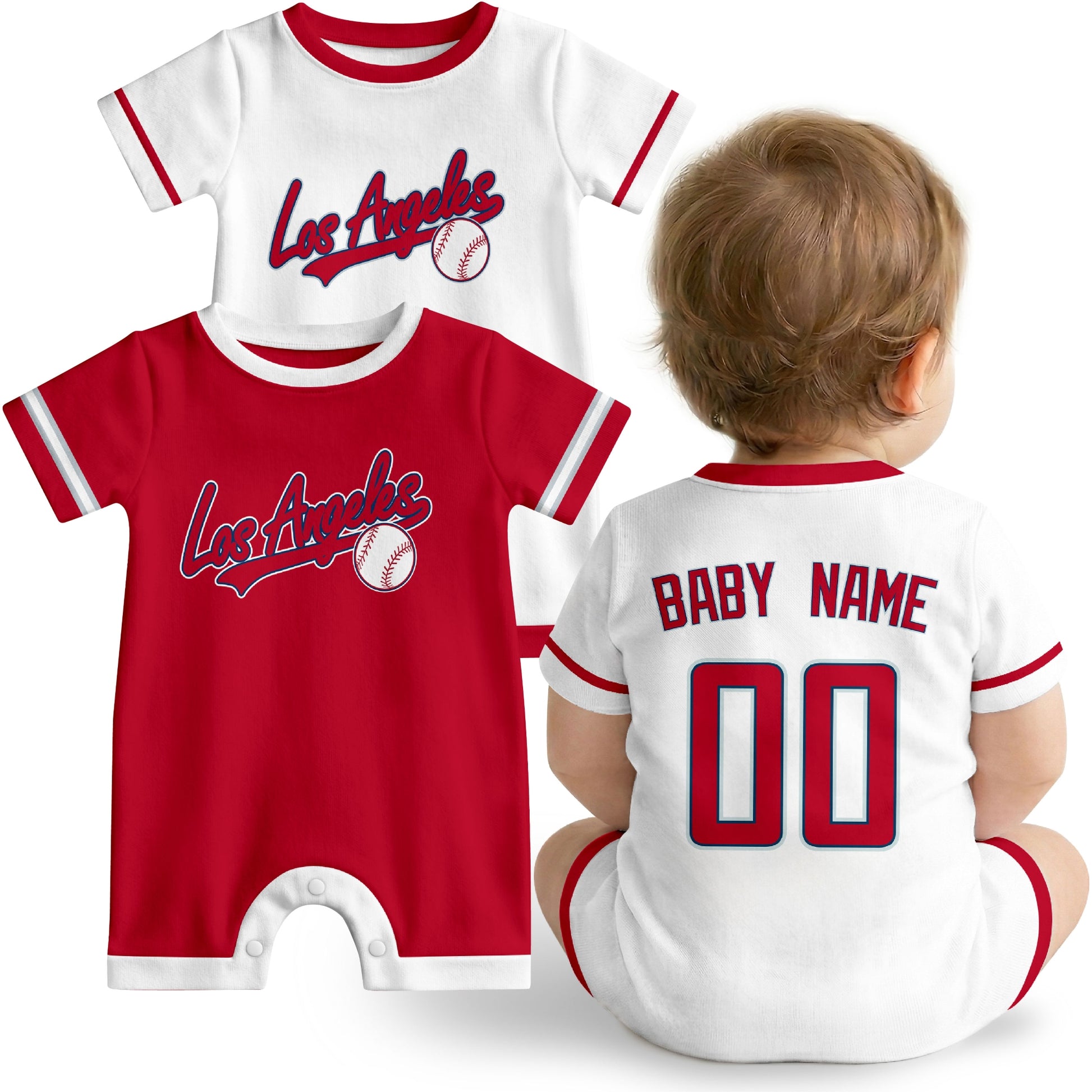 Los Angeles A Baby wearing custom baseball-style romper in red and white with personalized name and number, shown beside two additional sporty color variations