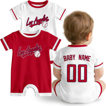 Los Angeles A Baby wearing custom baseball-style romper in red and white with personalized name and number, shown beside two additional sporty color variations