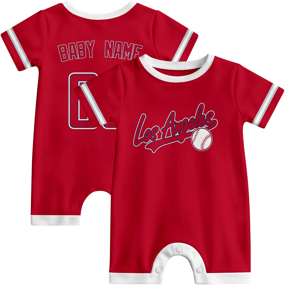 Los Angeles A Baby wearing custom baseball-style romper in red and white with personalized name and number, shown beside two additional sporty color variations