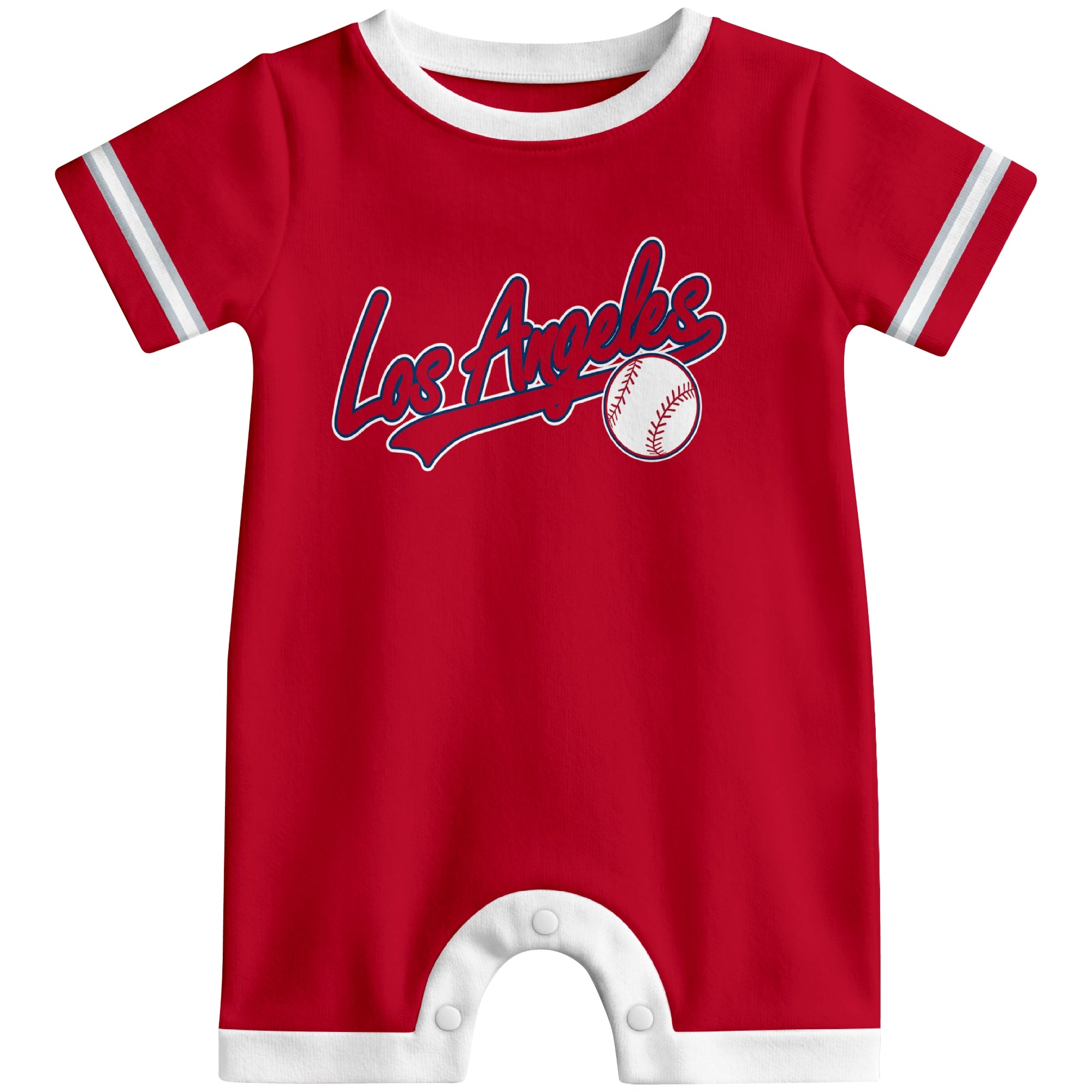Front view of red custom baseball-style baby romper with team-inspired text design