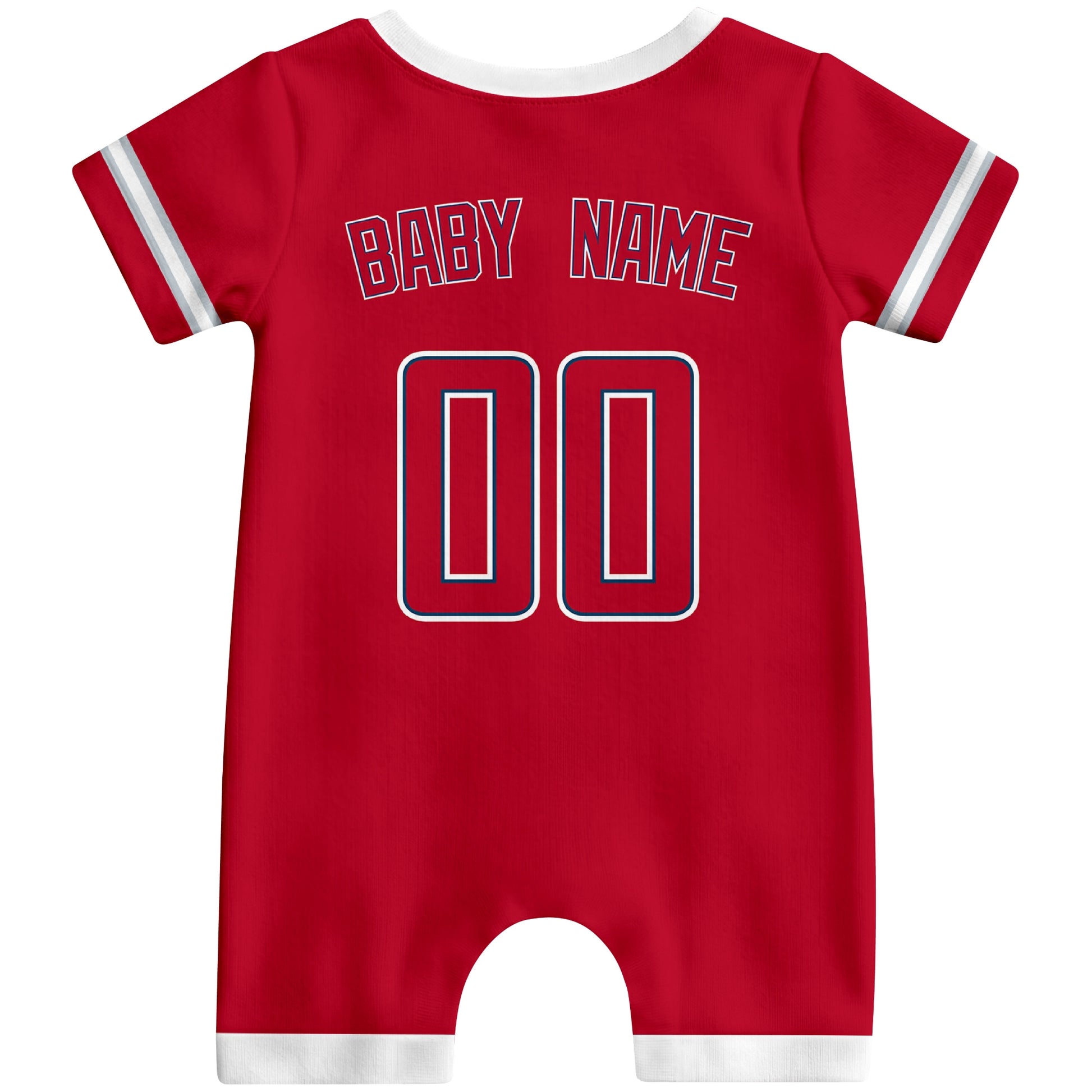 Back view of red custom baby romper with personalized name and number
