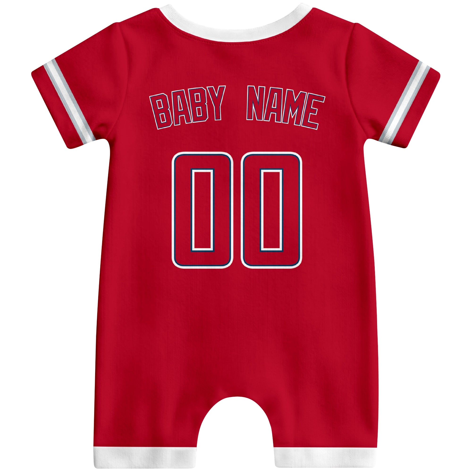 Back view of red custom baby romper with personalized name and number