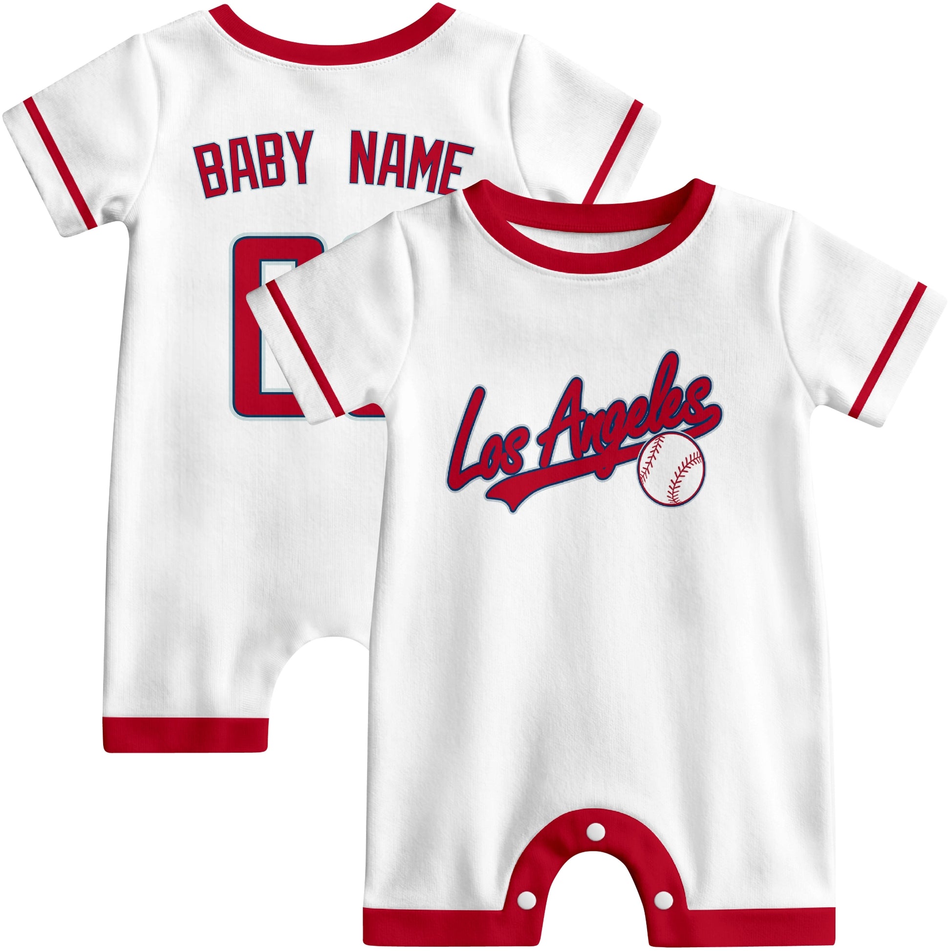 Front and back view of white custom baseball-style baby romper