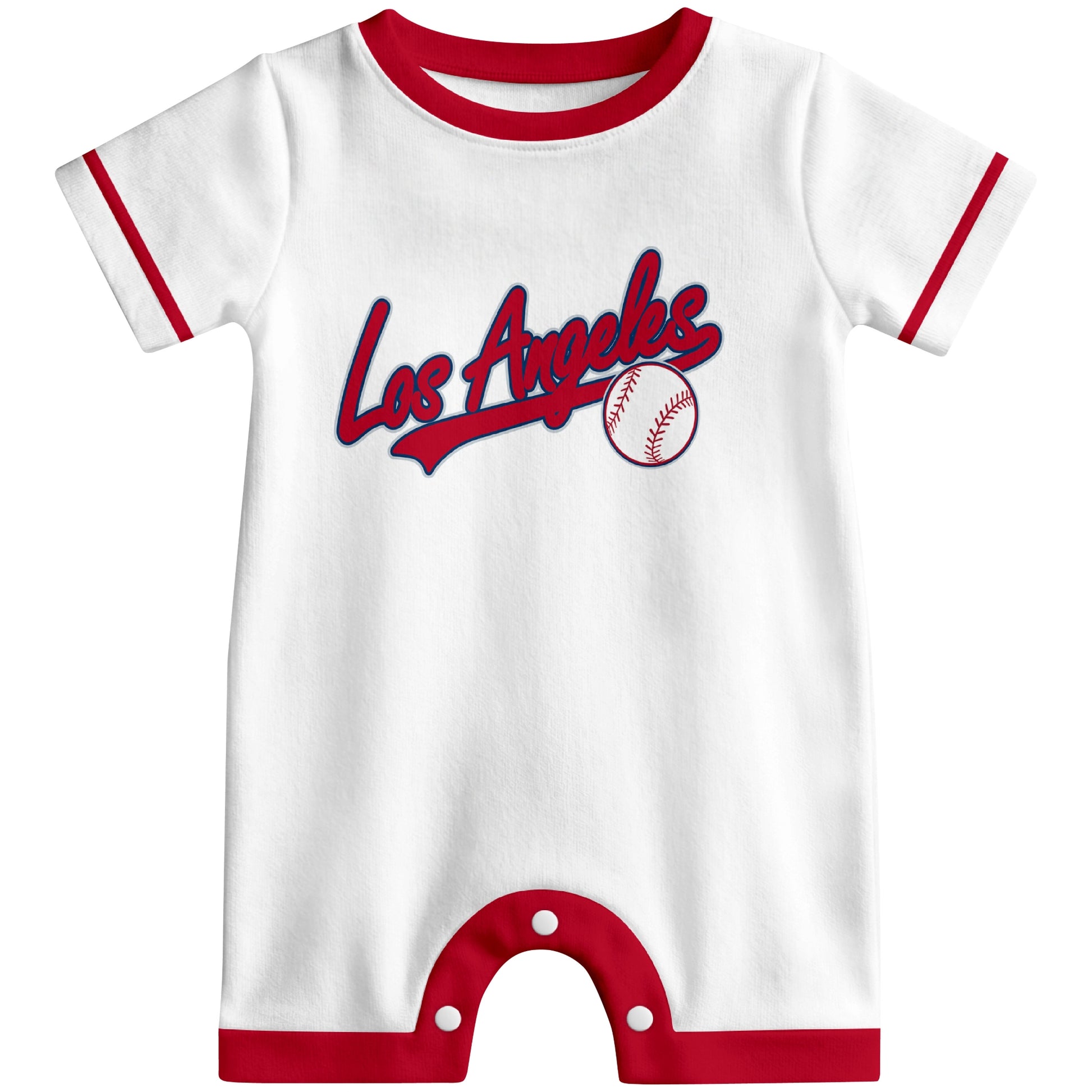 Front view of white custom baseball-style baby romper with team-inspired text design
