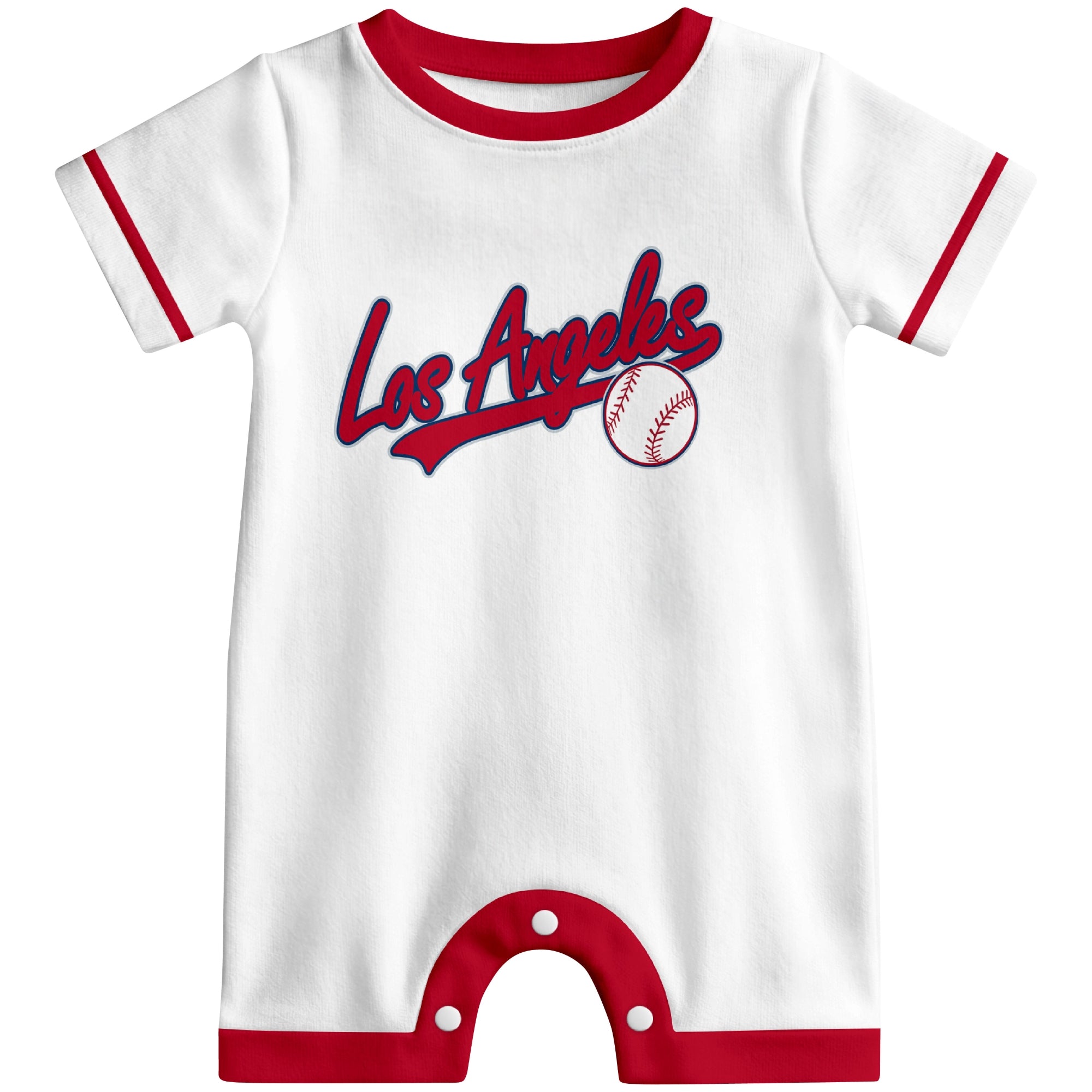Front view of white custom baseball-style baby romper with team-inspired text design