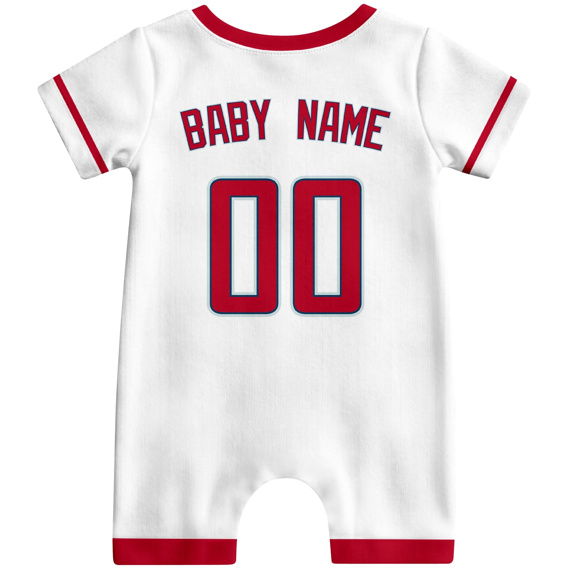 Back view of white custom baby romper with personalized name and number